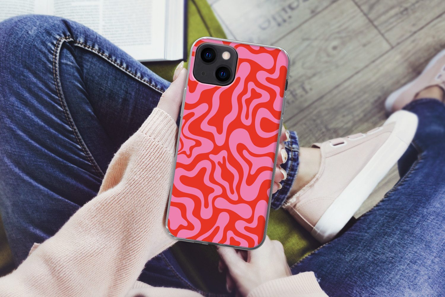 MuchoWow Handyhülle für Apple iPhone 13 Abstrakt - Muster - Rot - Rosa - Minimalistisch, Smartphone-Bumper, Print, Handy Schutzhülle Dünn