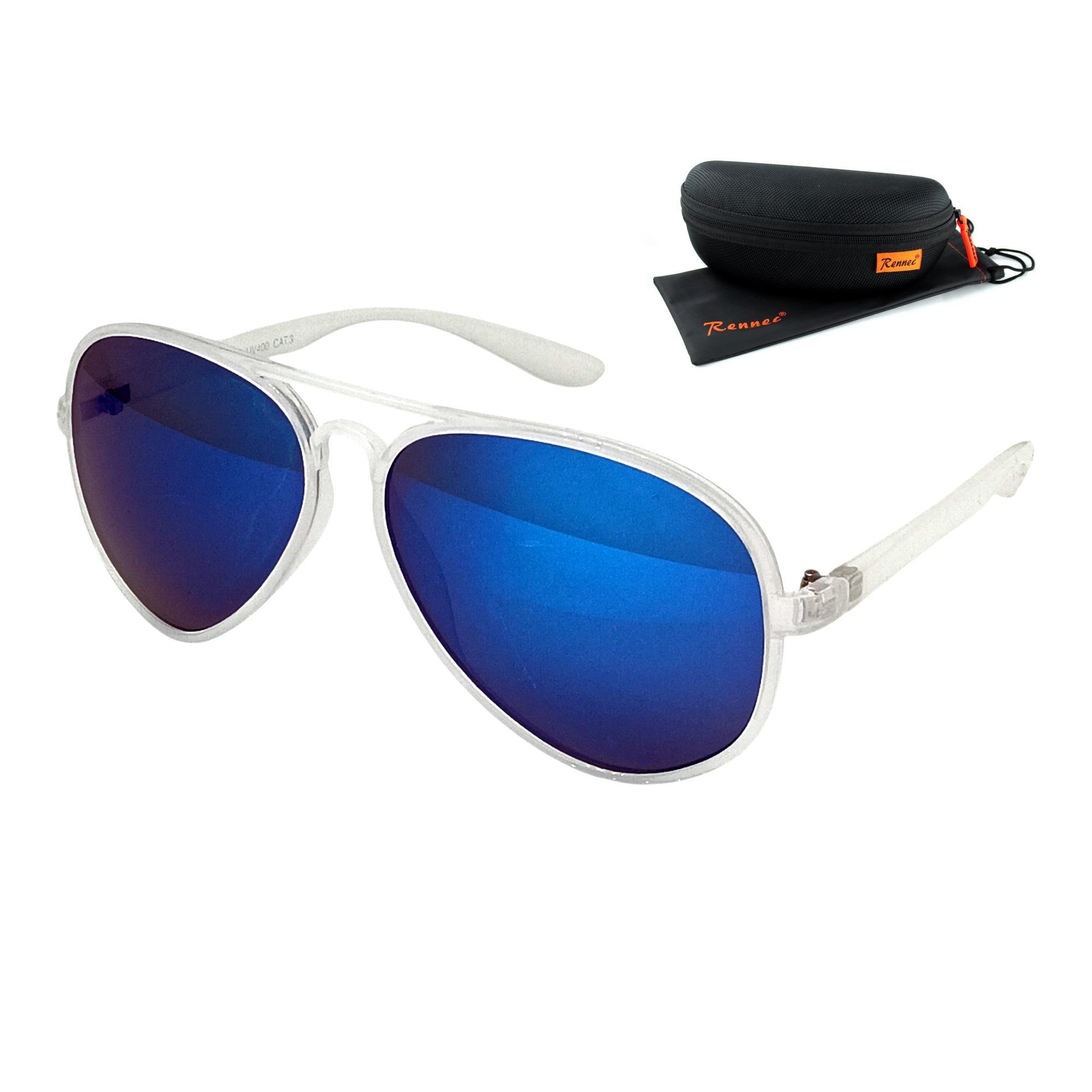 Rennec Sonnenbrille Pilotenbrille Herren Damen aus Kunststoff Leicht und Flexibel Gläser Verspiegelt, Gestell Transparent, inkl. Hardcase