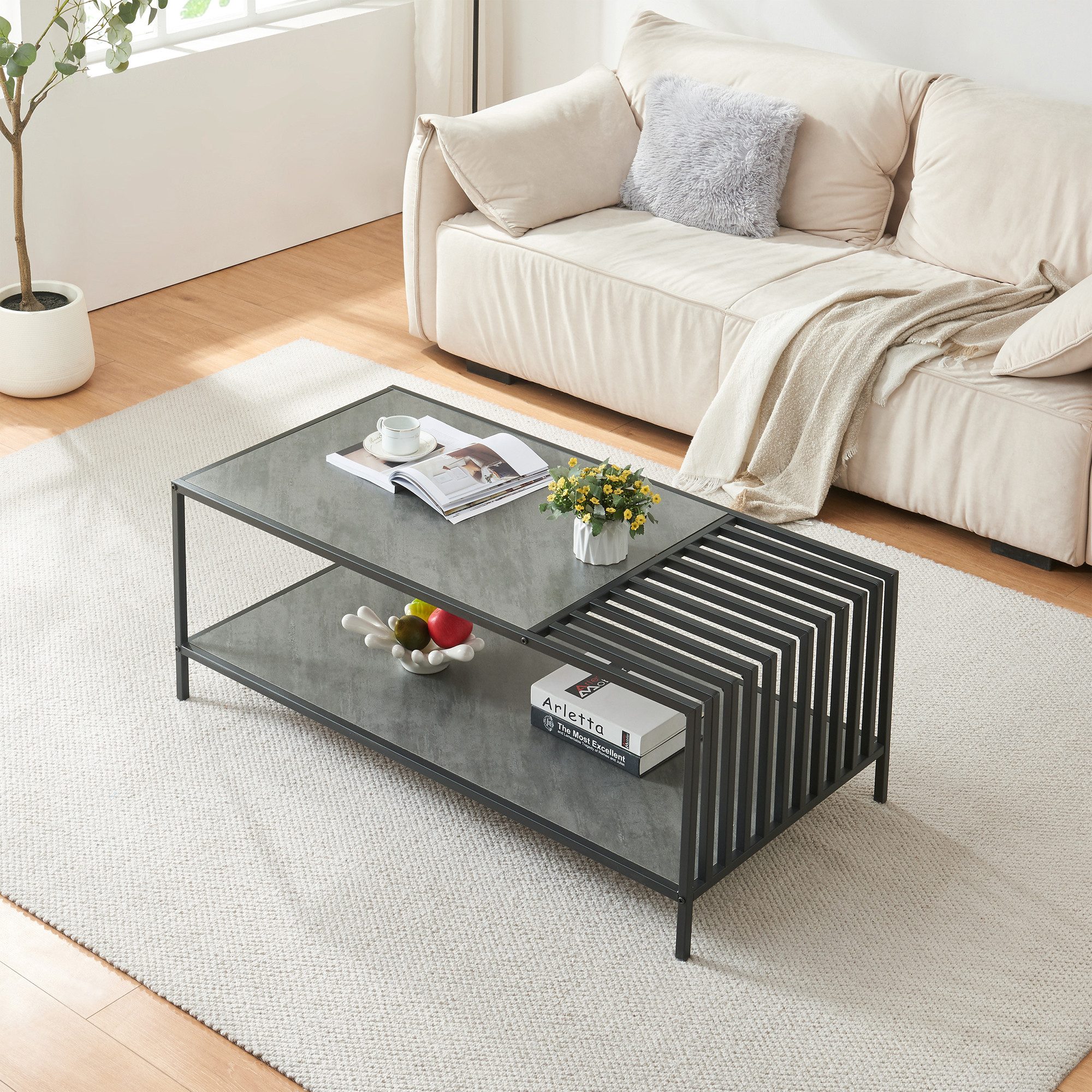 en.casa Couchtisch, »Pärghos« 120x60x45 cm Schwarz/Betonoptik