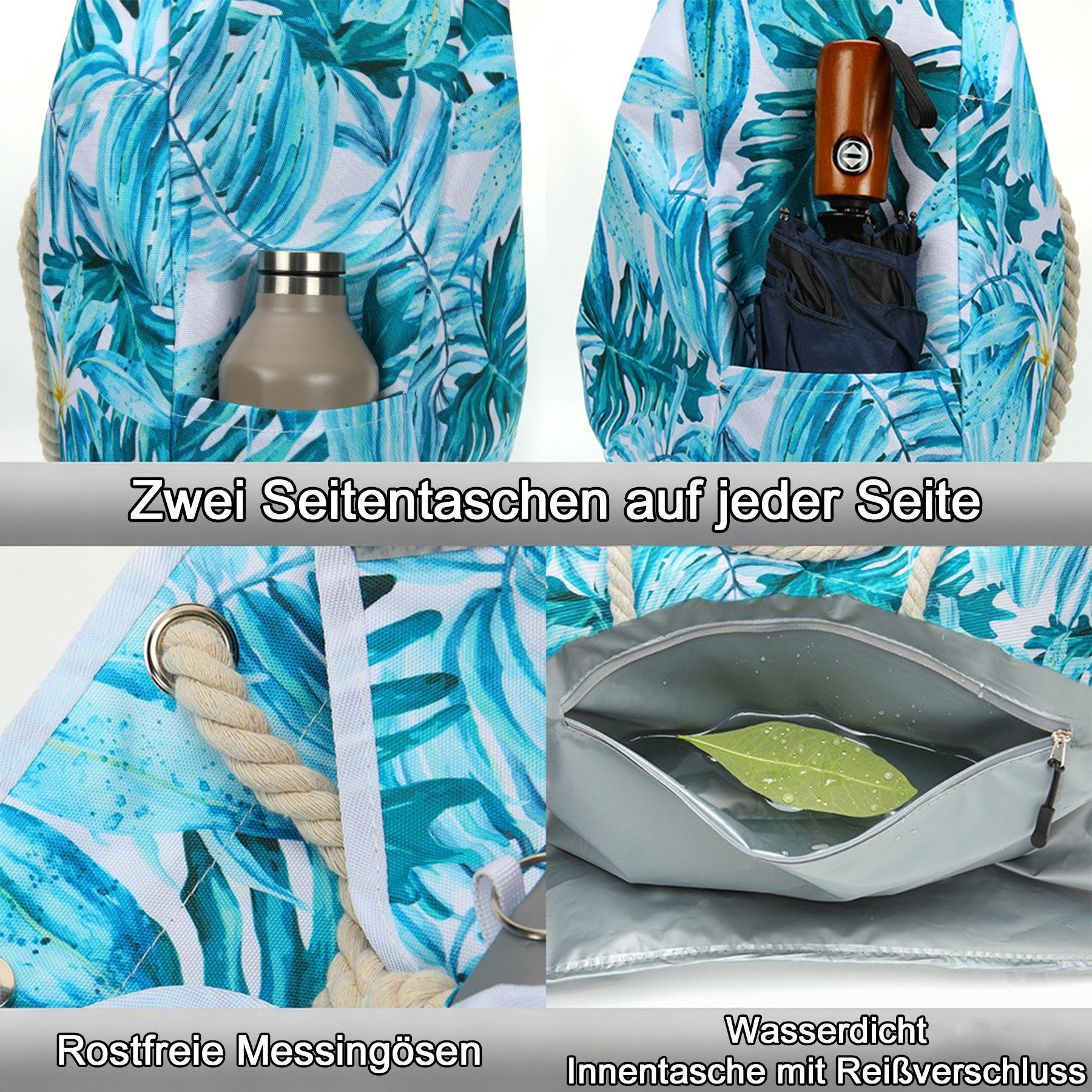 Mutig Strandtasche Große Strandtasche mit Reißverschluss, wasserdicht & sanddicht (Damen Umhängetasche / Tragetasche / Shopper, itness- & Reisetasche für Strand – Bild 4 von 5