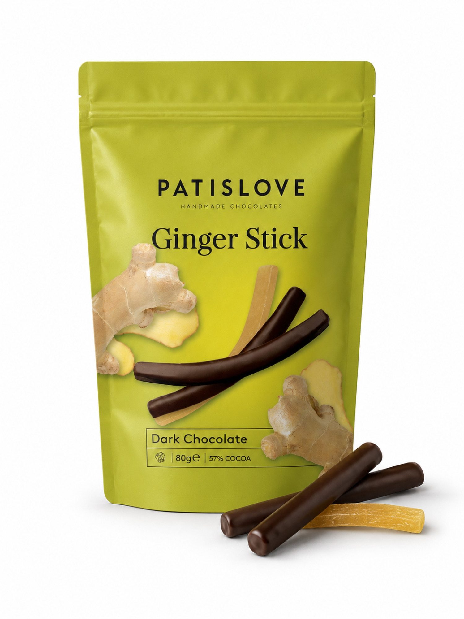 PATISLOVE Schokolade PATISLOVE Ingwerstäbchen in Zartbitterschokolade 80g – 57% Kakao, Handgefertigt,Mit kandiertem Ingwer.