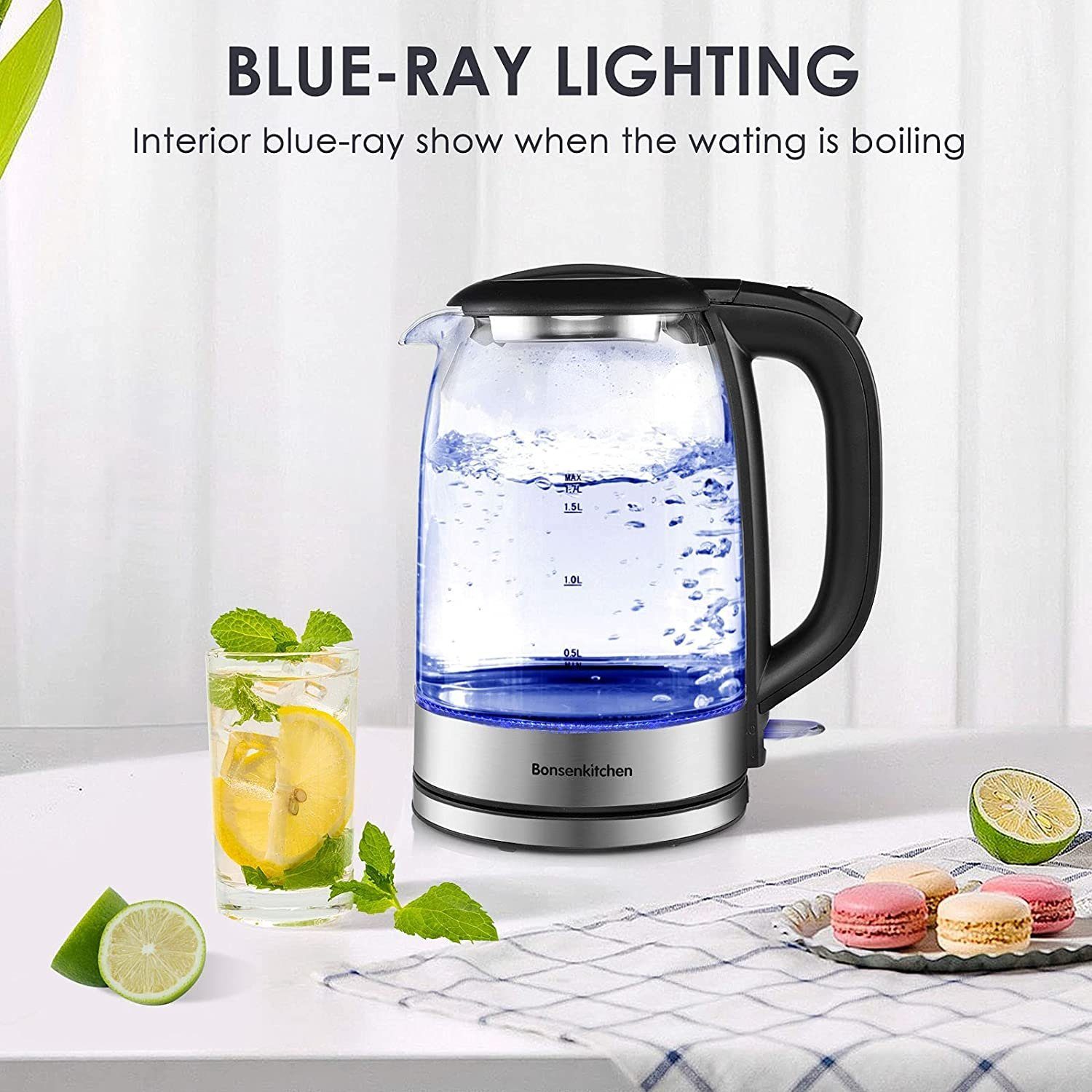 Überhitzungsschutz, aus 1,7 blauer Edelstahl Innendeckel L 2200 LED-Beleuchtung, 1,7 und aus (BPA-frei), Wasserkocher Glas, Wasserkocher Abschaltung Bonsenkitchen mit und W 304 Boden automatischer W Wasserkocher l, 2200