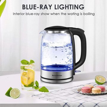 Bonsenkitchen Wasserkocher Wasserkocher aus Glas, 1,7 L 2200 W Wasserkocher mit blauer LED-Beleuchtung, automatischer Abschaltung und Überhitzungsschutz, Innendeckel und Boden aus 304 Edelstahl (BPA-frei), 1,7 l, 2200 W