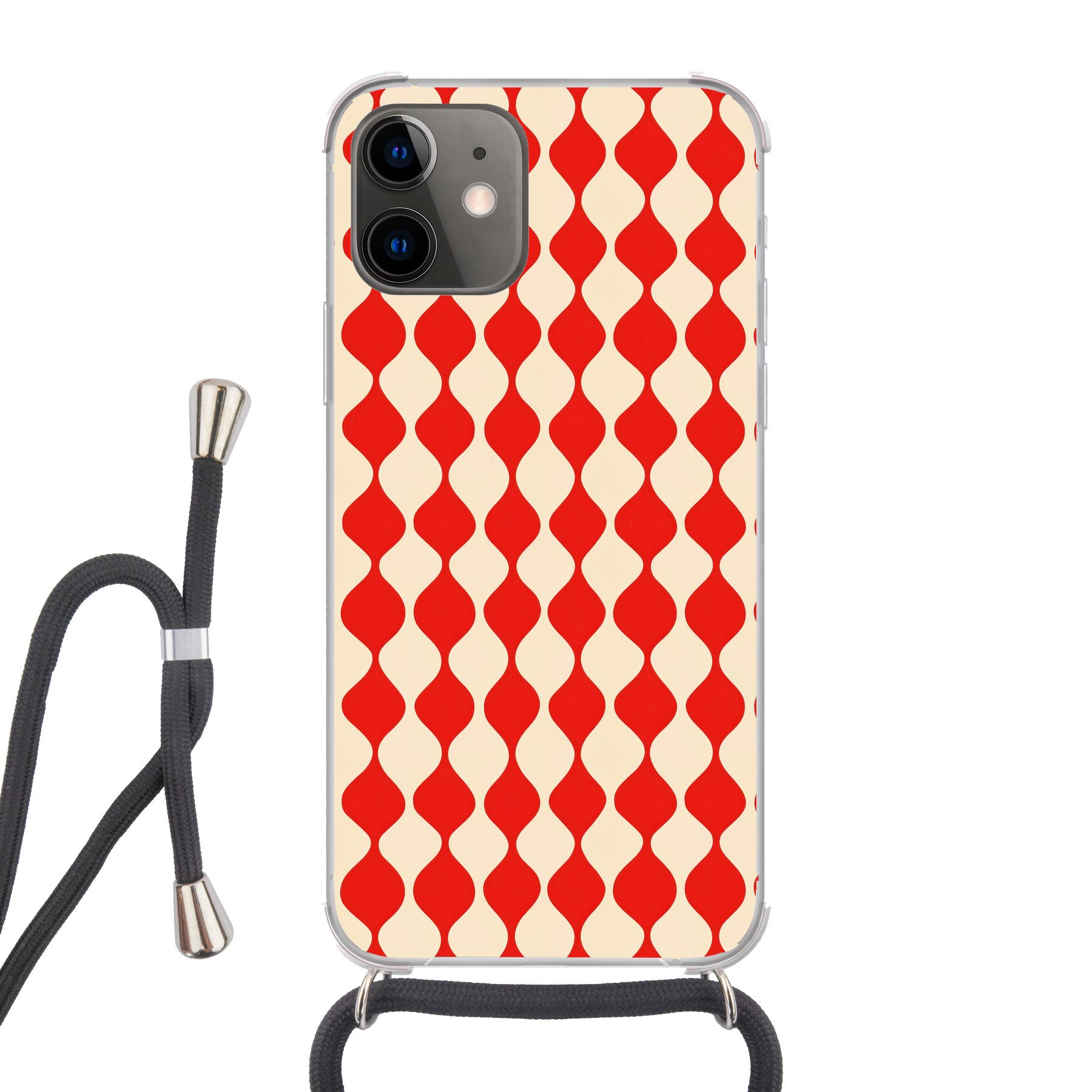 MuchoWow Handyhülle für Apple iPhone 12 Wellenförmiges Muster - Retro - Rot - Beige, Tragbare Handyhüllen mit Kette zum umhängen, Handykette Handyband