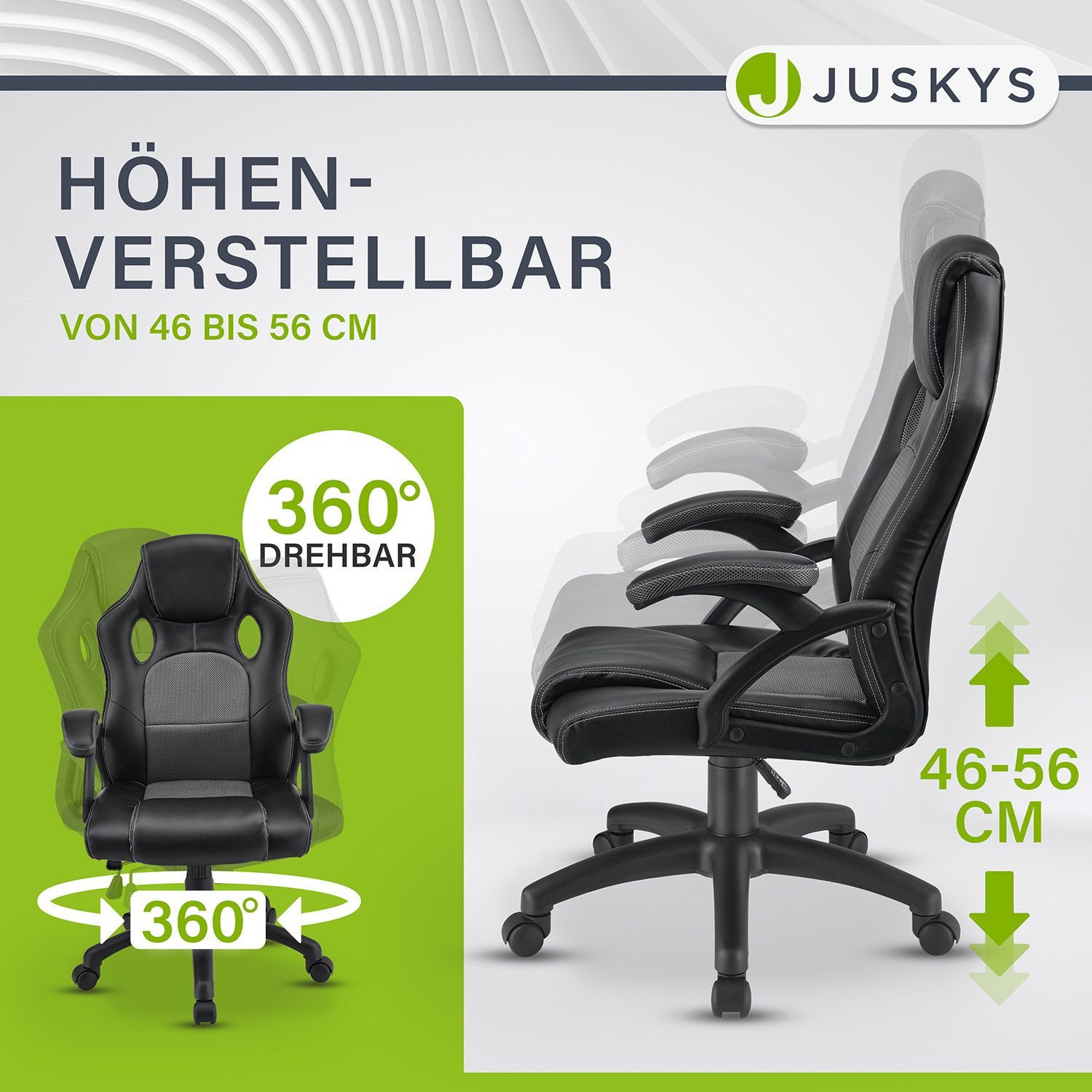 Juskys Gaming-Stuhl Montreal, Ergonomisch geformte Sitzfläche, Rückenlehne und Sitzfläche kippbar
