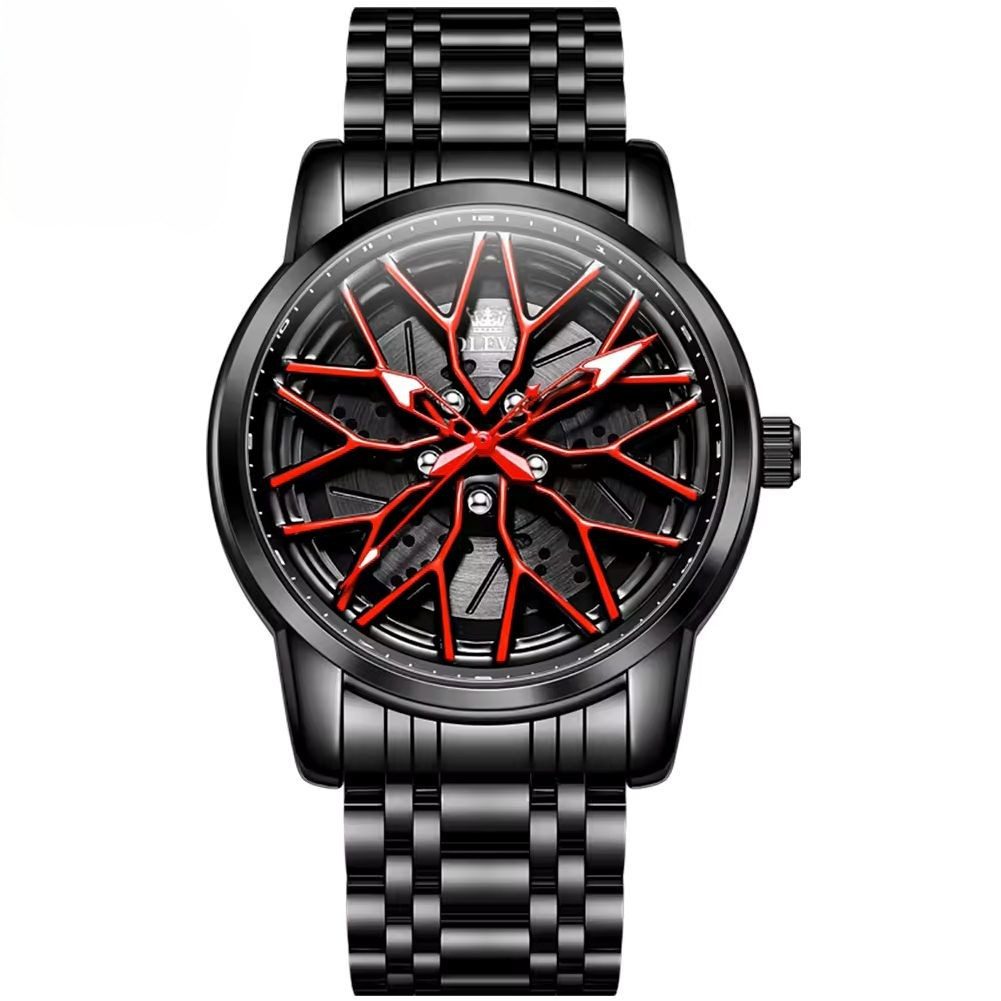 OLEVS Quarzuhr Felgenuhr Olevs Motorsport Herren Armbanduhr im 3D Felgendesign Rot 3701