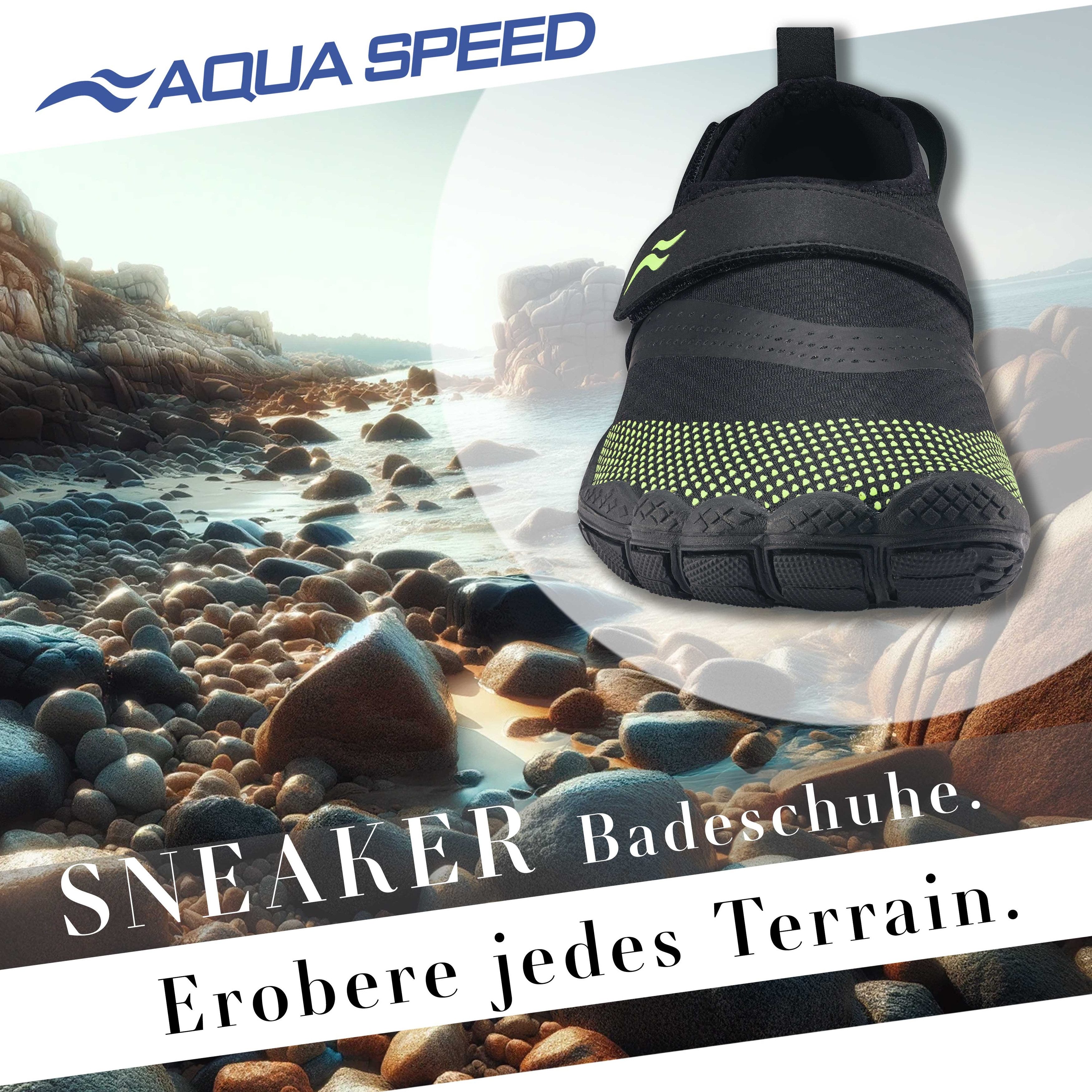 Aqua Speed Kinder-Strandschuhe AGAMA Gr. 35 – Schwarz/Fluor Grün + Handtuch Wasserschuh (Wasserschuhe für Kinder – sicherer Halt bei Spiel & Wasserspaß) Alltagstauglich & sportlich – Für Freizeit & Wasseraktivitäten