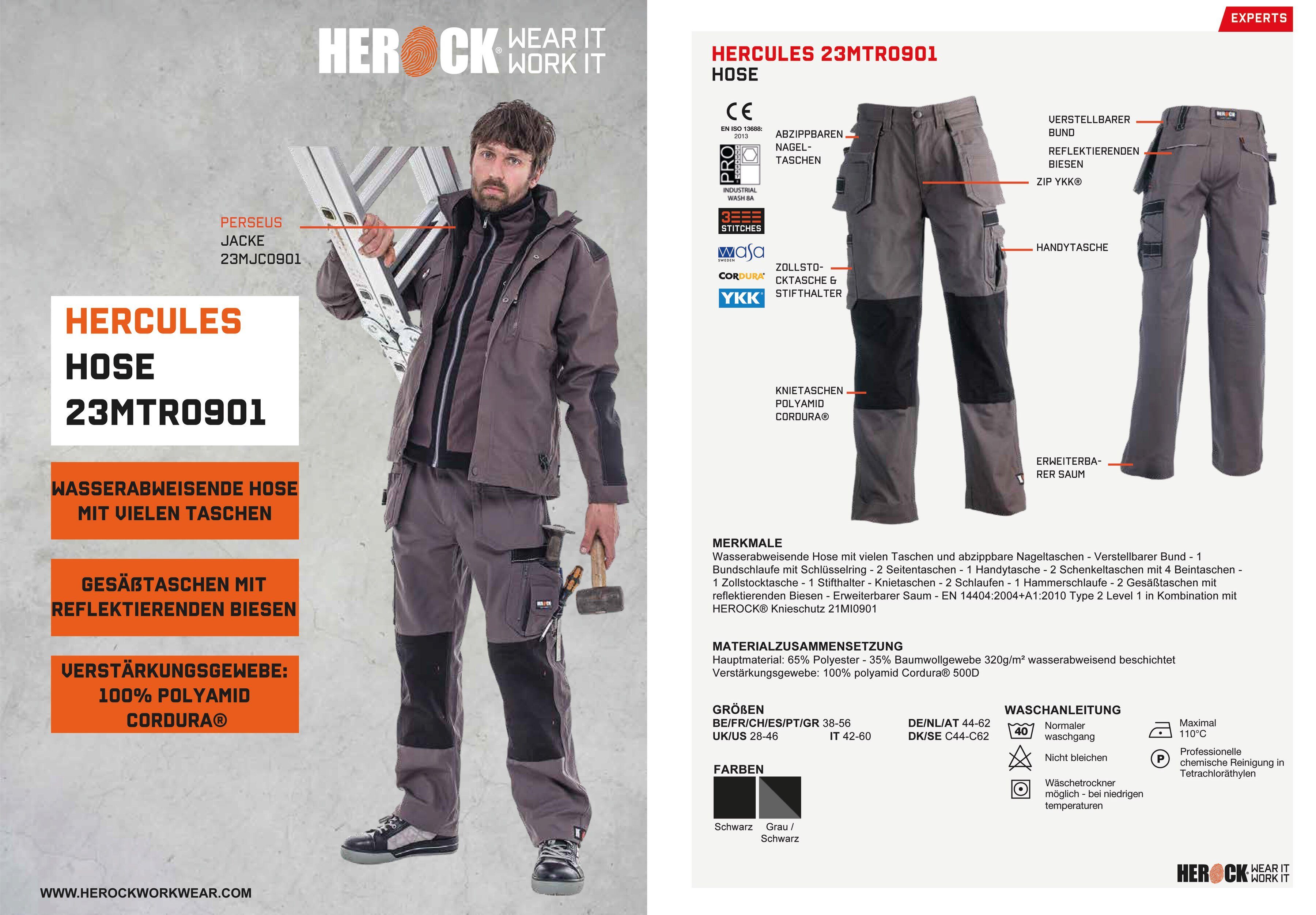 Herock Arbeitshose Hercules Hose grau Multi-Pocket, Wasserabweisend, verstellb. Nageltaschen abzippb. Bund