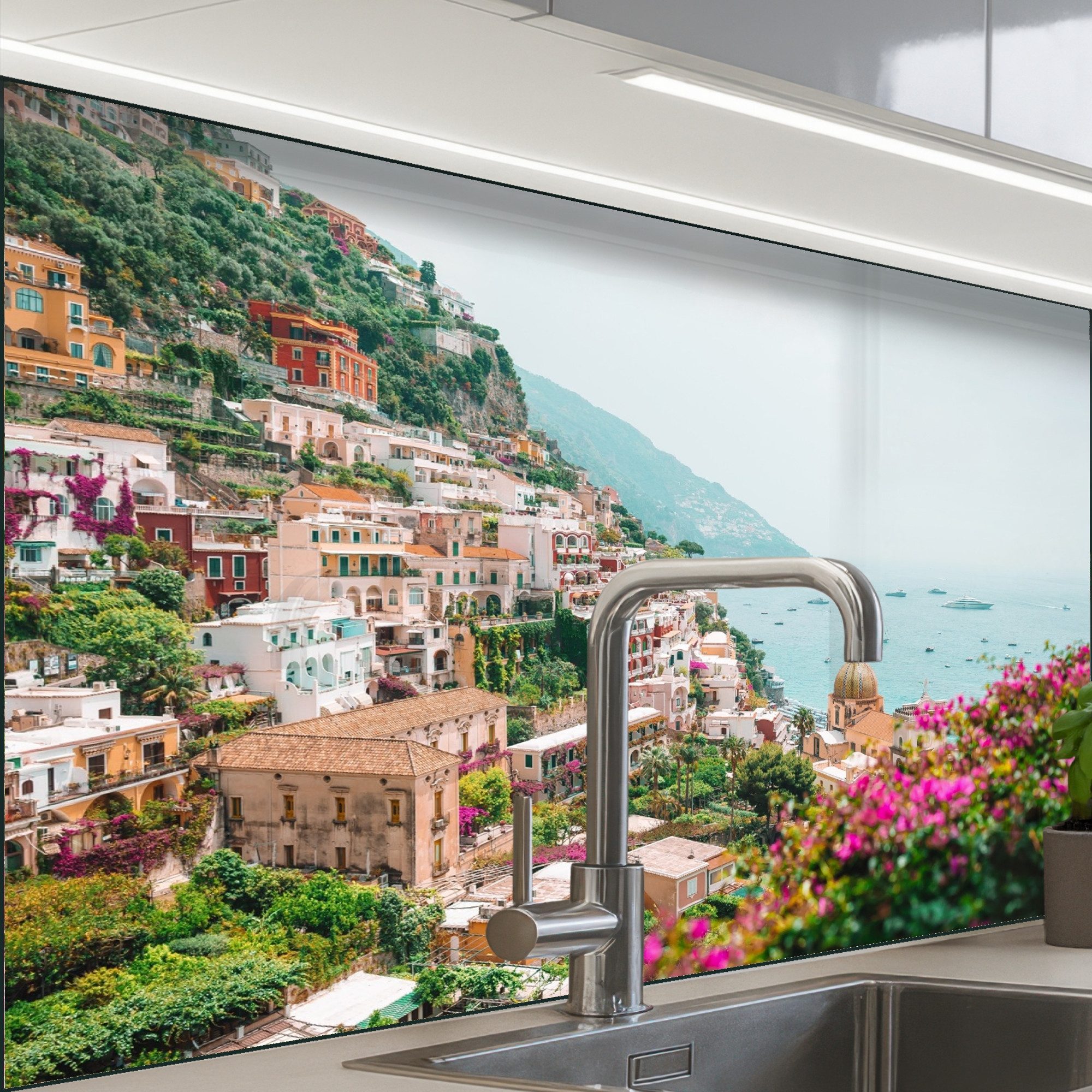 KitchenYeah Küchenrückwand Muster selbstklebend (keine Folie) Berg - Wasser - Stadt, (1-tlg), Spritzschutz, Küche, Rückwand, Küchenwand, Küchenfront, 30x20 cm
