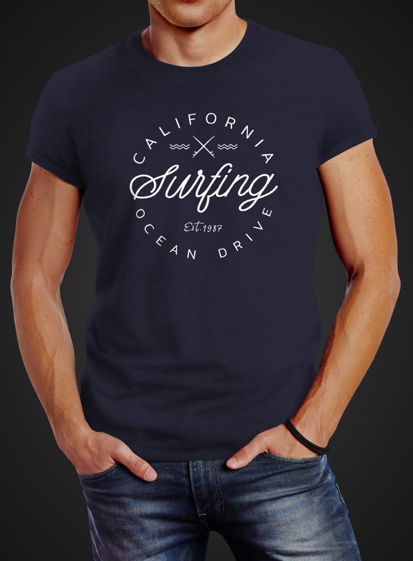 California Summer Surfing mit Neverless Neverless® Slim Print-Shirt Herren Drive Fit navy Print Ocean T-Shirt
