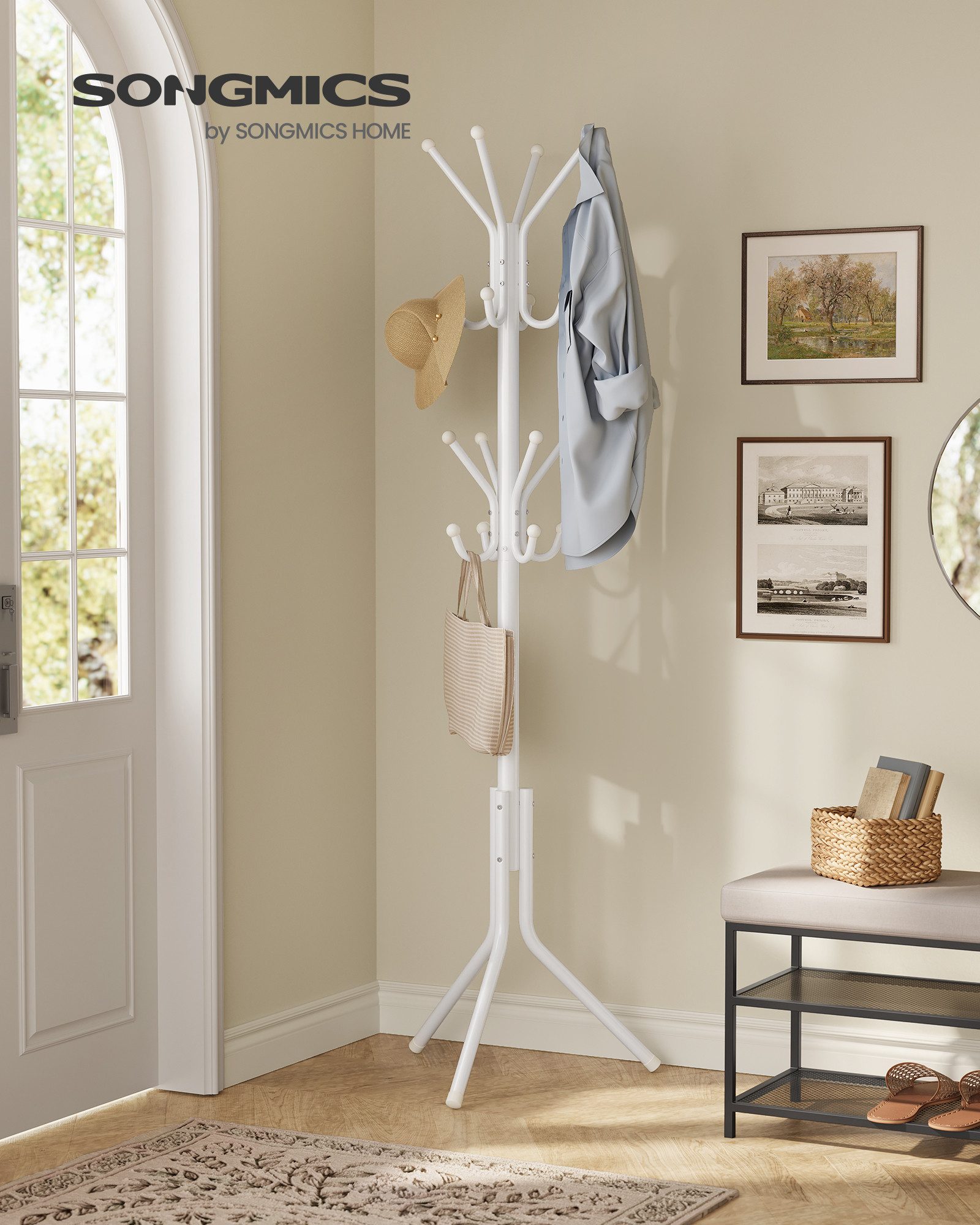 SONGMICS Garderobenständer Kleiderständer, Garderobe, für Kleidung, Taschen und Hüte, Höhe 175 cm, aus Metall, 16 Haken, Eingangsbereich, Wohnzimmer, Schlafzimmer, weiß