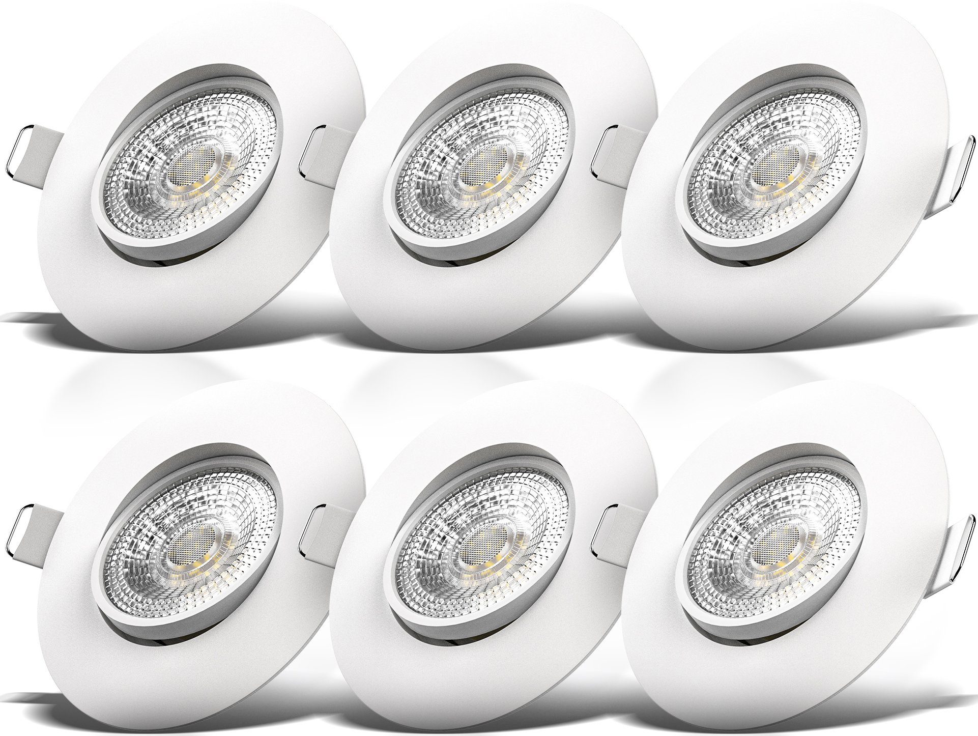 B.K.Licht LED Einbauleuchte Warmweiß, 3.000K 460 Lm, LED Set LED fest Außenmaß 5W, BK_EL1249 Einbaustrahler, Warmweiß, Ø9cm, Lochbohrung Schwenkbar, Ø6,8cm, 6er integriert