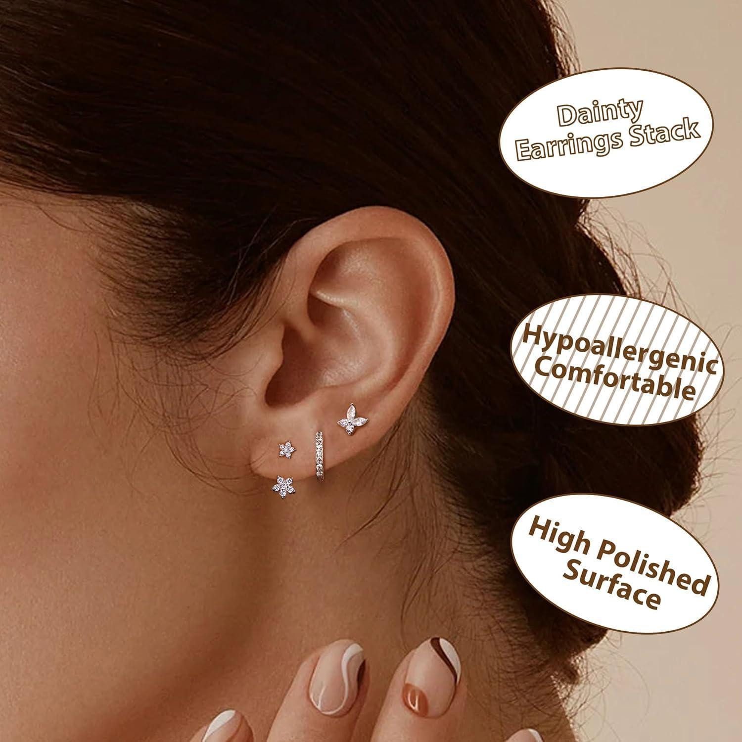 LuxusKollektion Ohrring-Set Ohrringe Set Silber 925 Ohrstecker Creolen Zirkonia Piercings 3 Paar