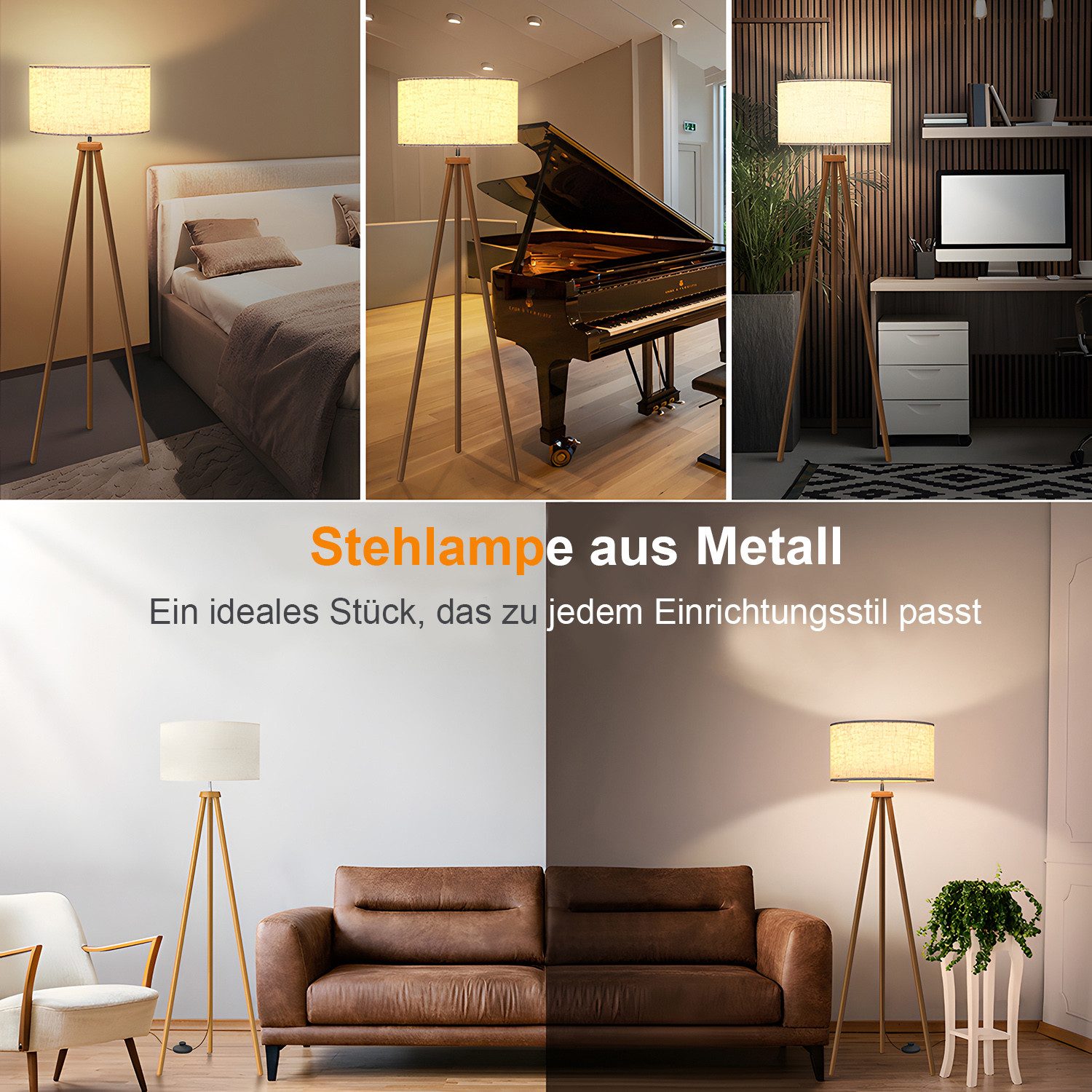 Lapamax LED Stehlampe Dimmbar Stehleuchte mit Dreibeinstativ Leinen Lampenschirm Stehlampe, E27 3 Farbtemperaturen Glühbirne, Stativ Leseleuchte Bodenlampe mit Fußschalter Wohnzimmer Standleuchte