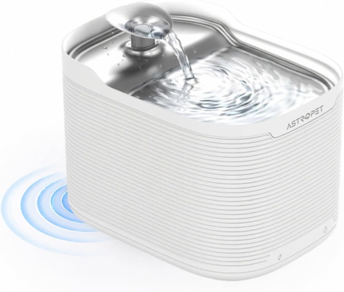 AstroPet Trinkbrunnen Kabelloser Katzenbrunnen mit 5200 mAh Aku, Edelstahl Trinkschale