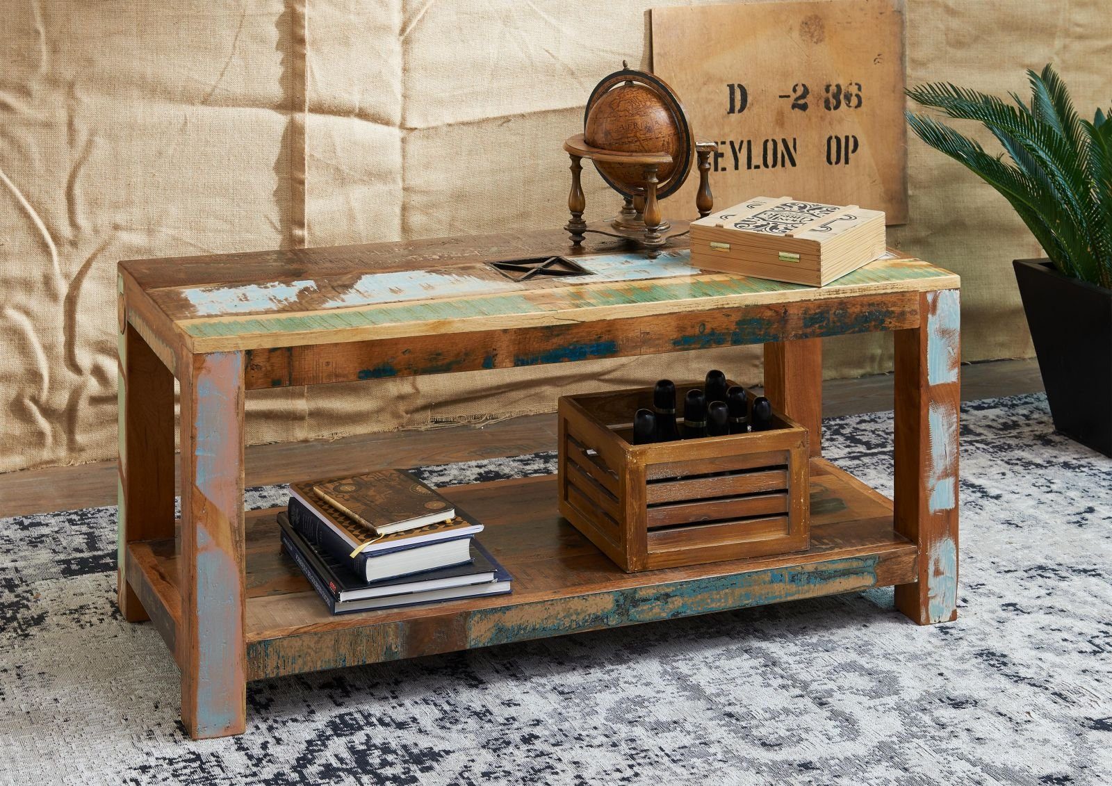 Massivmoebel24 Couchtisch NATURE OF SPIRIT (Massivholz, Massivholztisch), Couchtisch Altholz 110x45x50 mehrfarbig lackiert NATURE OF SPIRIT #107