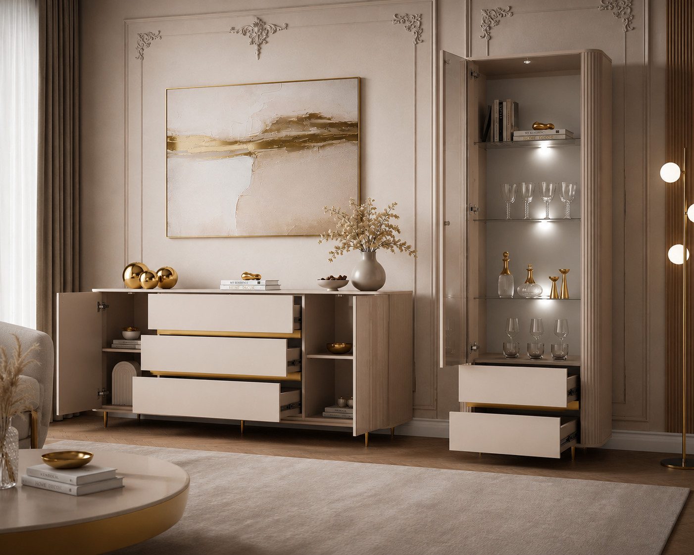 ALLHOUSE24 Wohnzimmer-Set MIRACLE II GOLD, Kommode, Vitrine, Sandbeige, LED, PUSH TO OPEN, (2-St., Das Set besteht aus: Kommode, Vitrine), Breite: Vitrine: 76 cm, Kommode: 180 cm