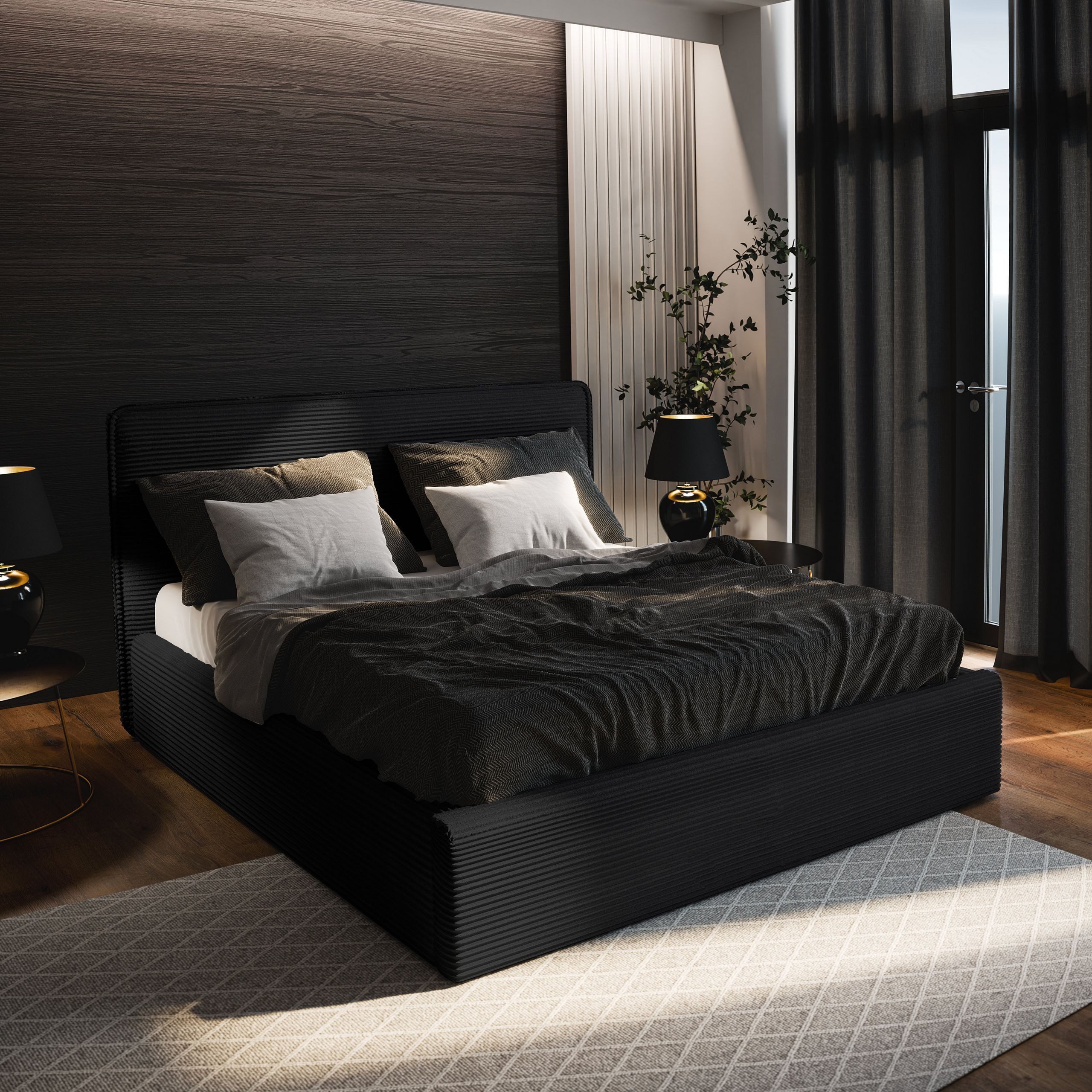 Masseno Polsterbett PARMA 160x200 cm schwarz (mit Bettkasten und Lattenrost)