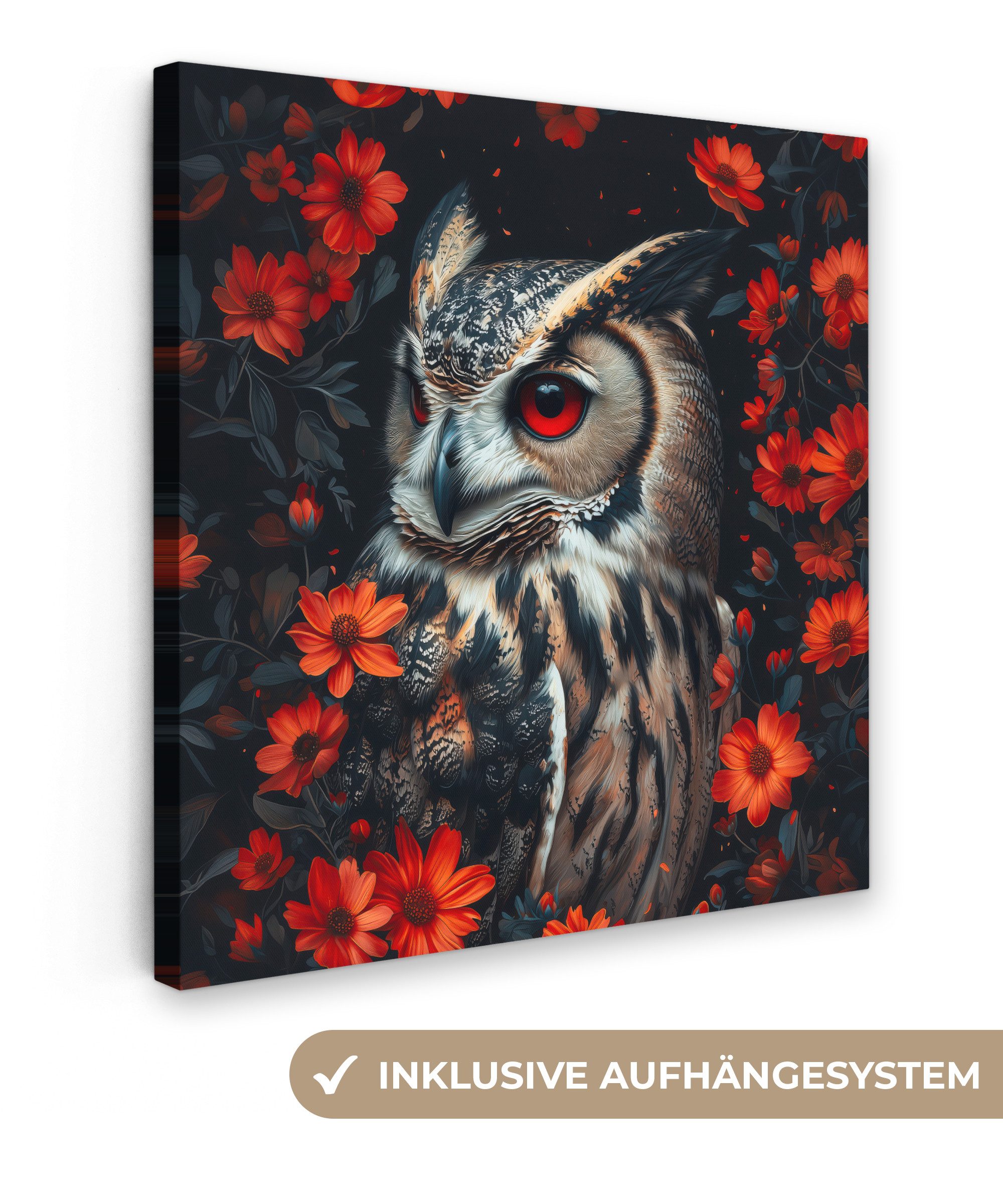OneMillionCanvasses® Leinwandbild Eule - Waldtiere - Rote Blumen - Natur, F günstig online kaufen