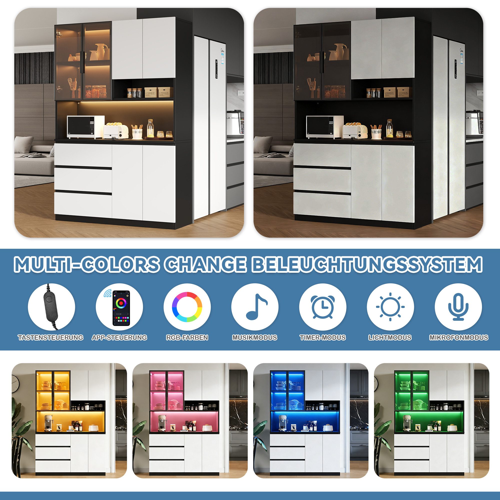 Flieks Küchenbuffet mit LED-Beleuchtung, 3 Schubladen und Glastüren (mit verstellbarer Einlegeböden & Arbeitsplatte, 1-St., 120x40x180 cm) Hochschrank Küchenschrank Mehrzweckschrank Sideboard
