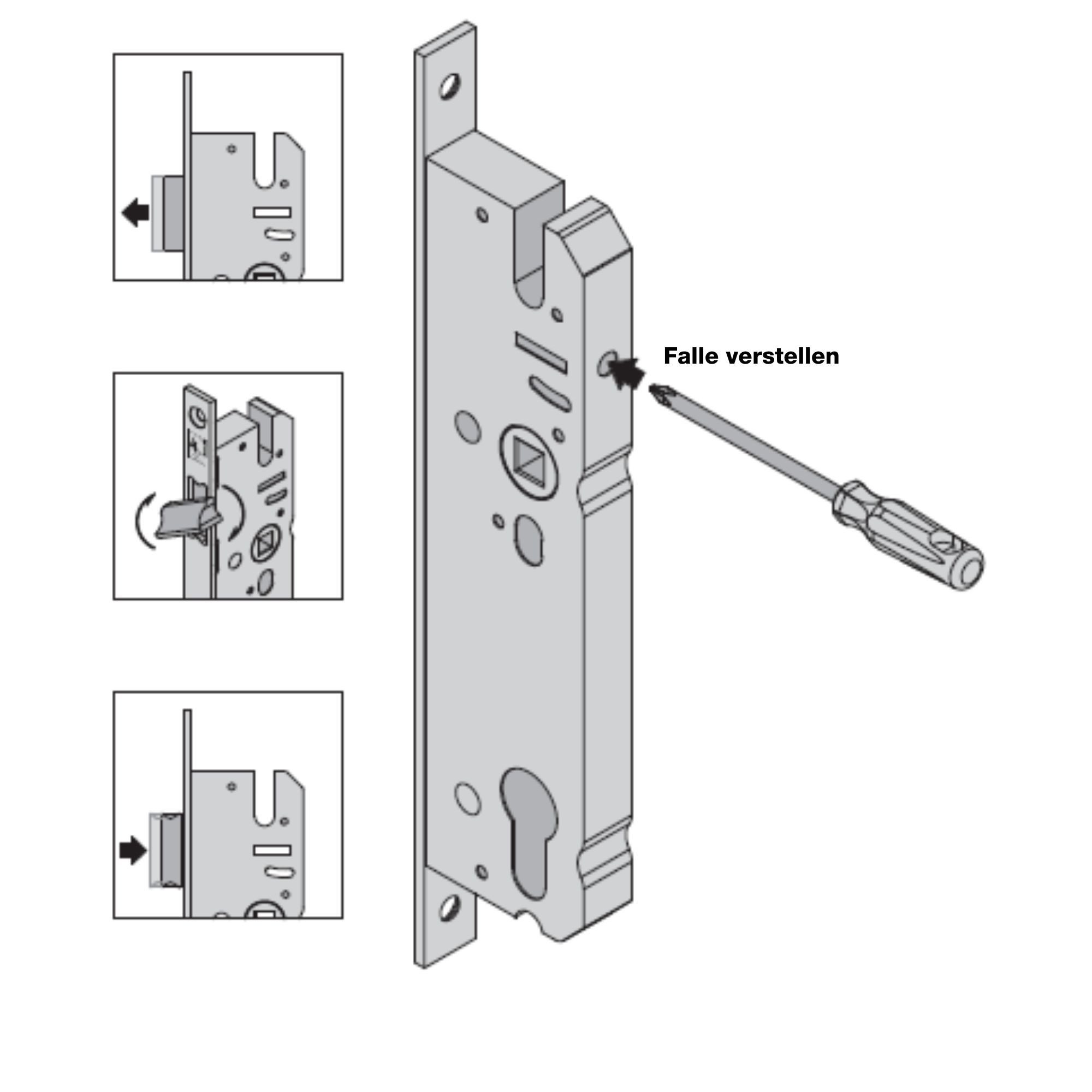BASI Rohrrahmenschloss Einsteckschloss mit drehbarer Falle, Dornmaß 40 mm, Packung, PZ-Lochung, Dornmaß 25 mm, Stulp 24 mm aus Edelstahl, DIN R/L – Bild 3 von 4