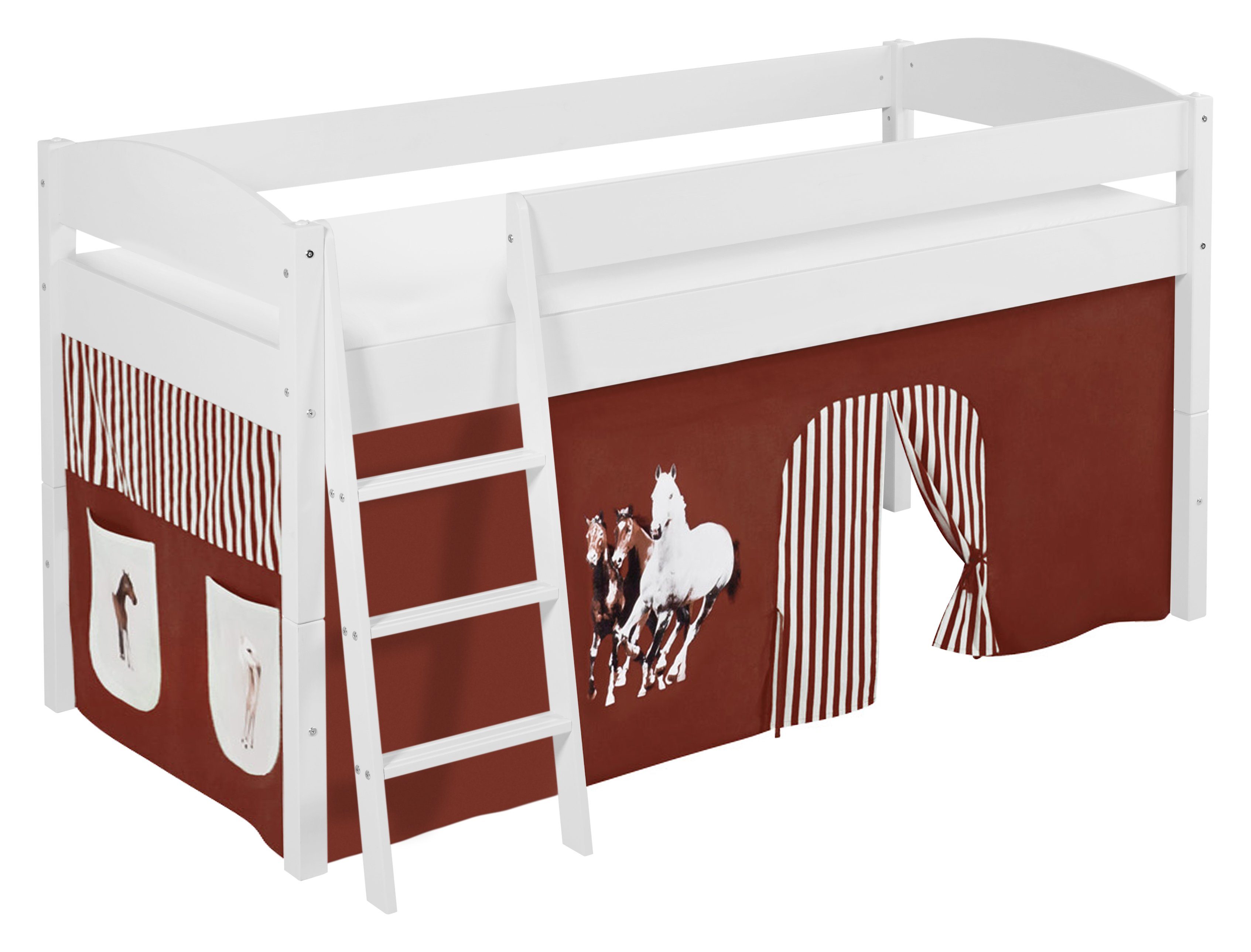 Lilokids Hochbett Hochbett IDA 4105 - Teilbares Systemhochbett weiß mit Vorhang inkl. Leiter und Vorhang