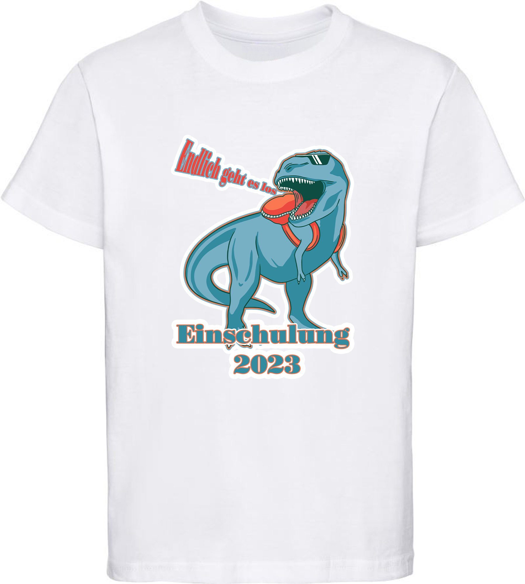 MyDesign24 Print-Shirt bedrucktes Kinder T-Shirt T-Rex - Endlich geht es los Baumwollshirt Einschulung 2023 Aufdruck, schwarz, weiß, rot, blau, i37