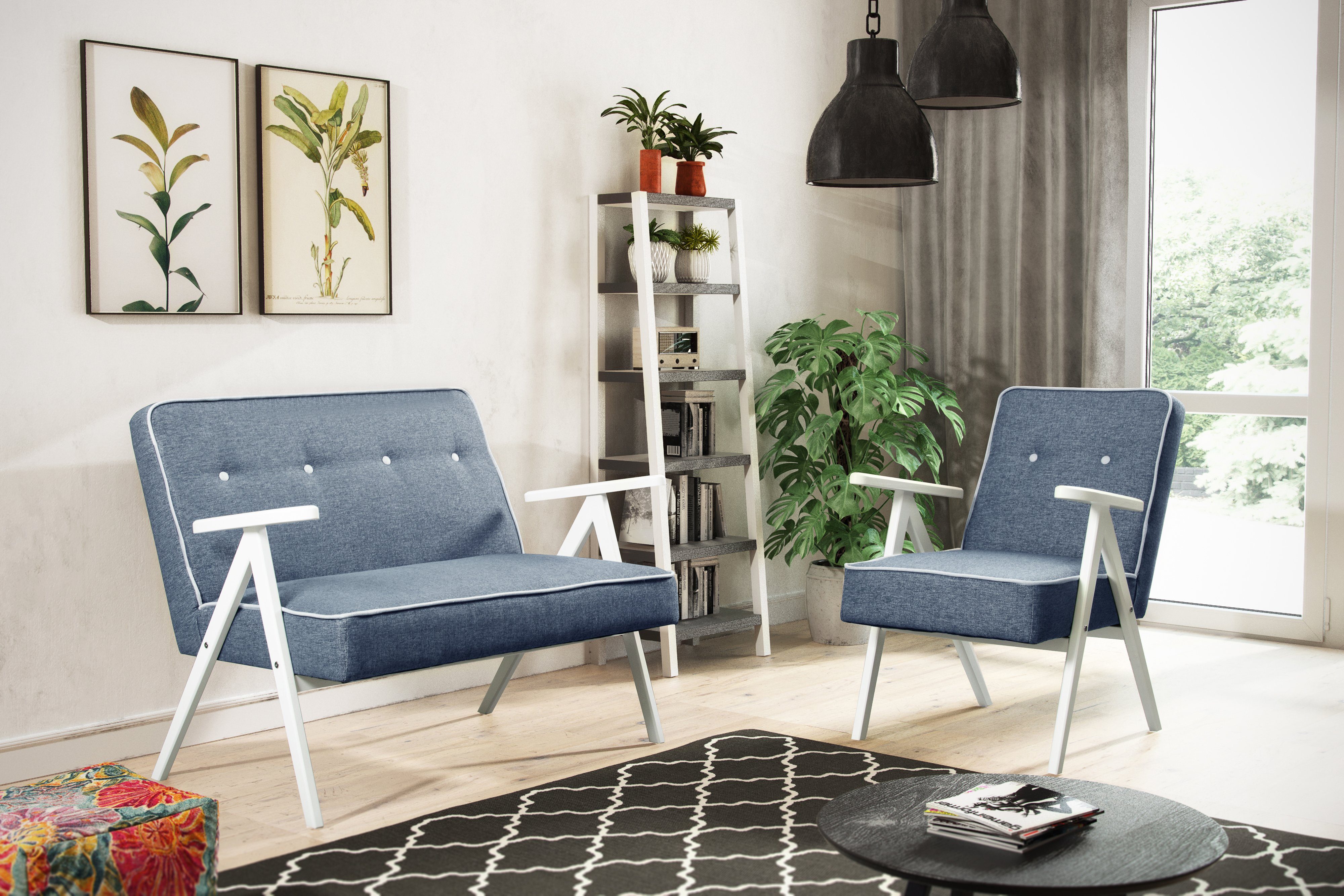 Beautysofa Polstergarnitur ADEL, Set besteht aus 2-Sitzer Sofa und 2x Sessel, inklusive Wellenfedern Blau (softi 06 + enzo 162)