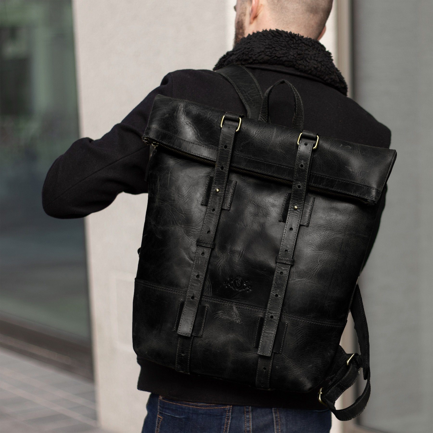 SID & VAIN Rucksack echt Leder Rucksack groß 15 Zoll Laptop Fach schwarz, Tagesrucksack Roll-Top Echtleder Damen Herren Vintage-schwarz