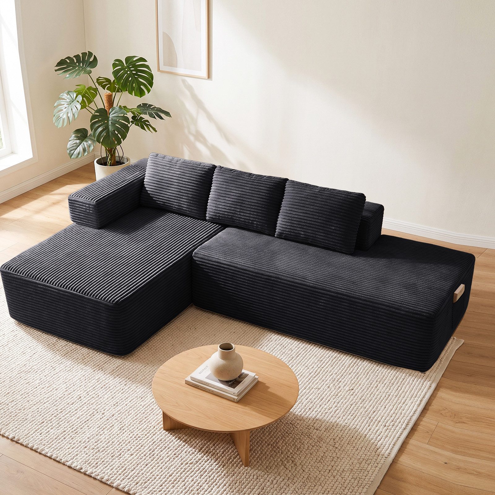 COMHOMA Sofa Ecksofa, Corduroy Modulares Boneless Couch mit Chaiselongue, Metallgestell, L-Form Schlafsofa mit Kissen & Seitentaschen