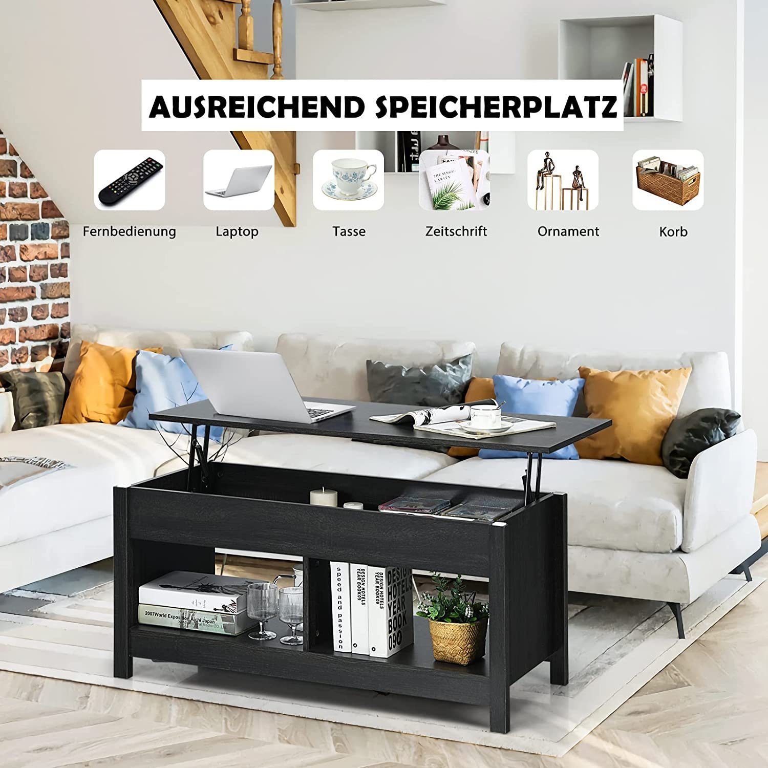 KOMFOTTEU Couchtisch Sofatisch, höhenverstellbar, mit verstecktem günstig online kaufen