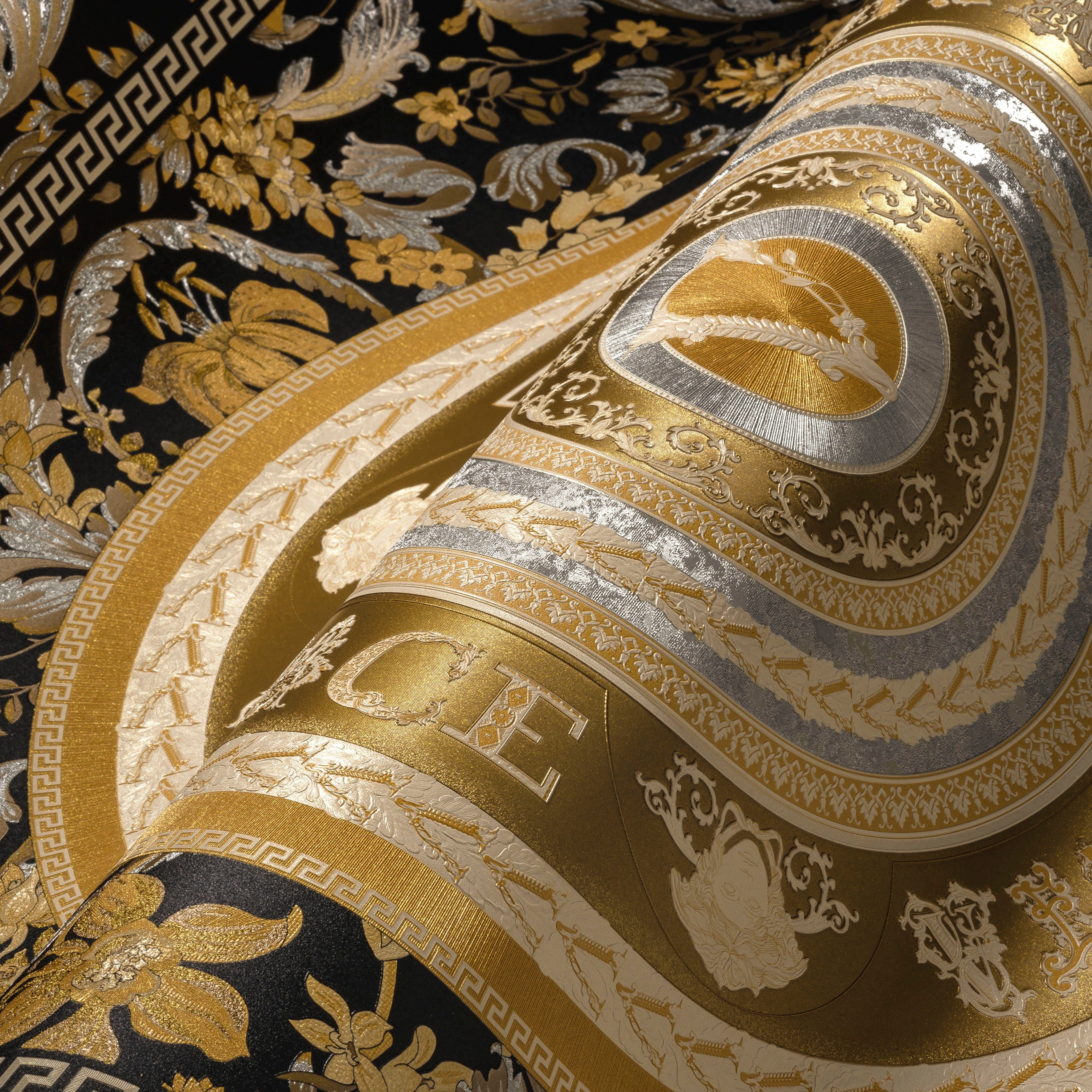 St), Fliesen-Tapete Designertapete, goldfarben/schwarz/silberfarben Wallpaper Floral Versace Versace auffallende Design, leicht 5 glänzend, leicht strukturiert, (1 Vliestapete