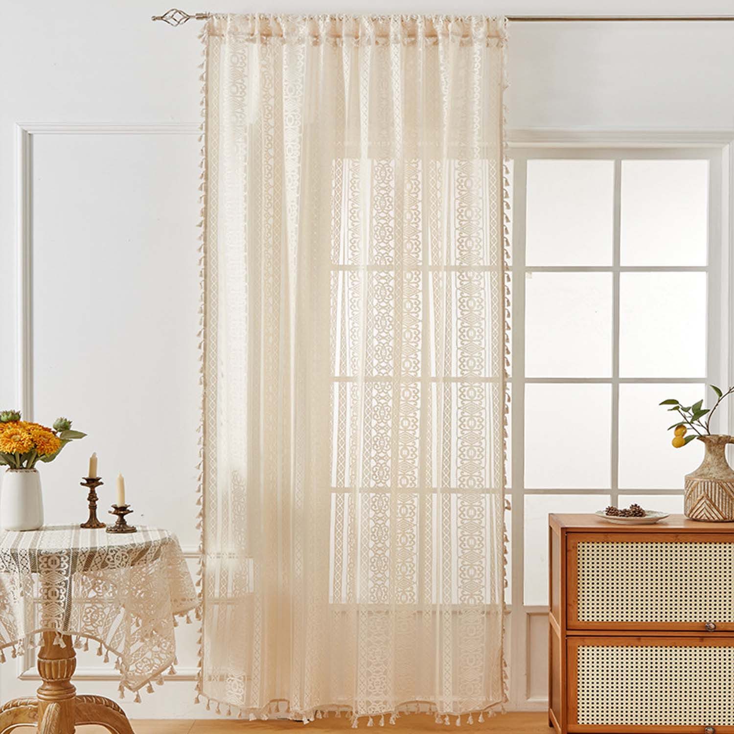 Zyronn Scheibengardine Boho-Quasten-Vorhänge für Wohnzimmer, Vintage-Stil (2 St) – Bild 4 von 5