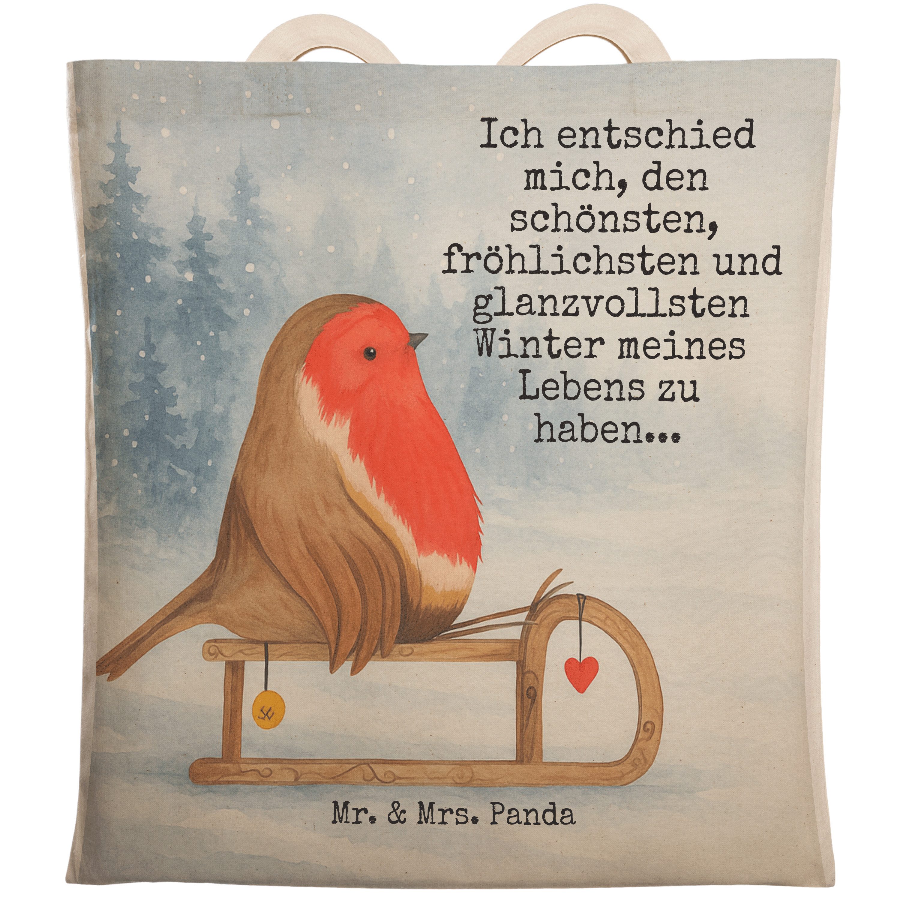 Tragetasche Rotkehlchen Schlitten Design, Tote Bag, Weiß, Stoffbeutel, Bag, Vogel