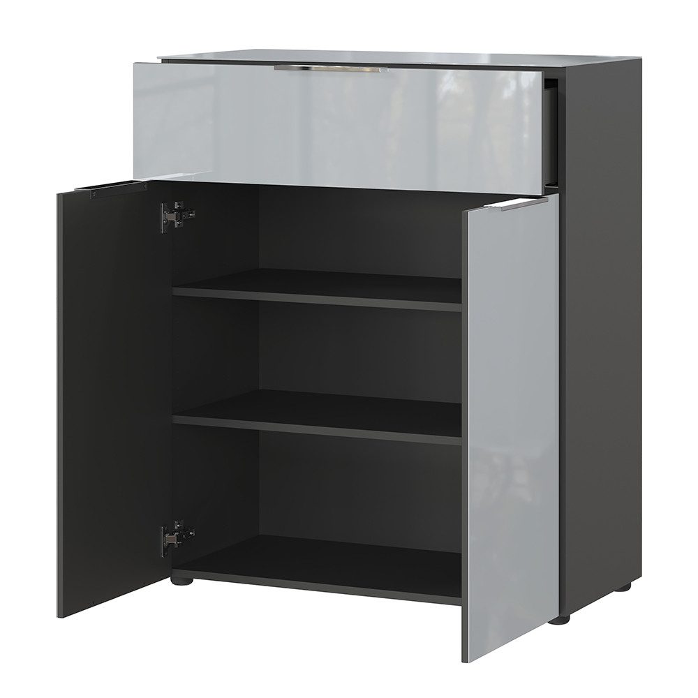 Lomadox Kommode OXFORD-01, Schrankkommode Anrichte Glasfront 83cm breit silbergrau mit graphit