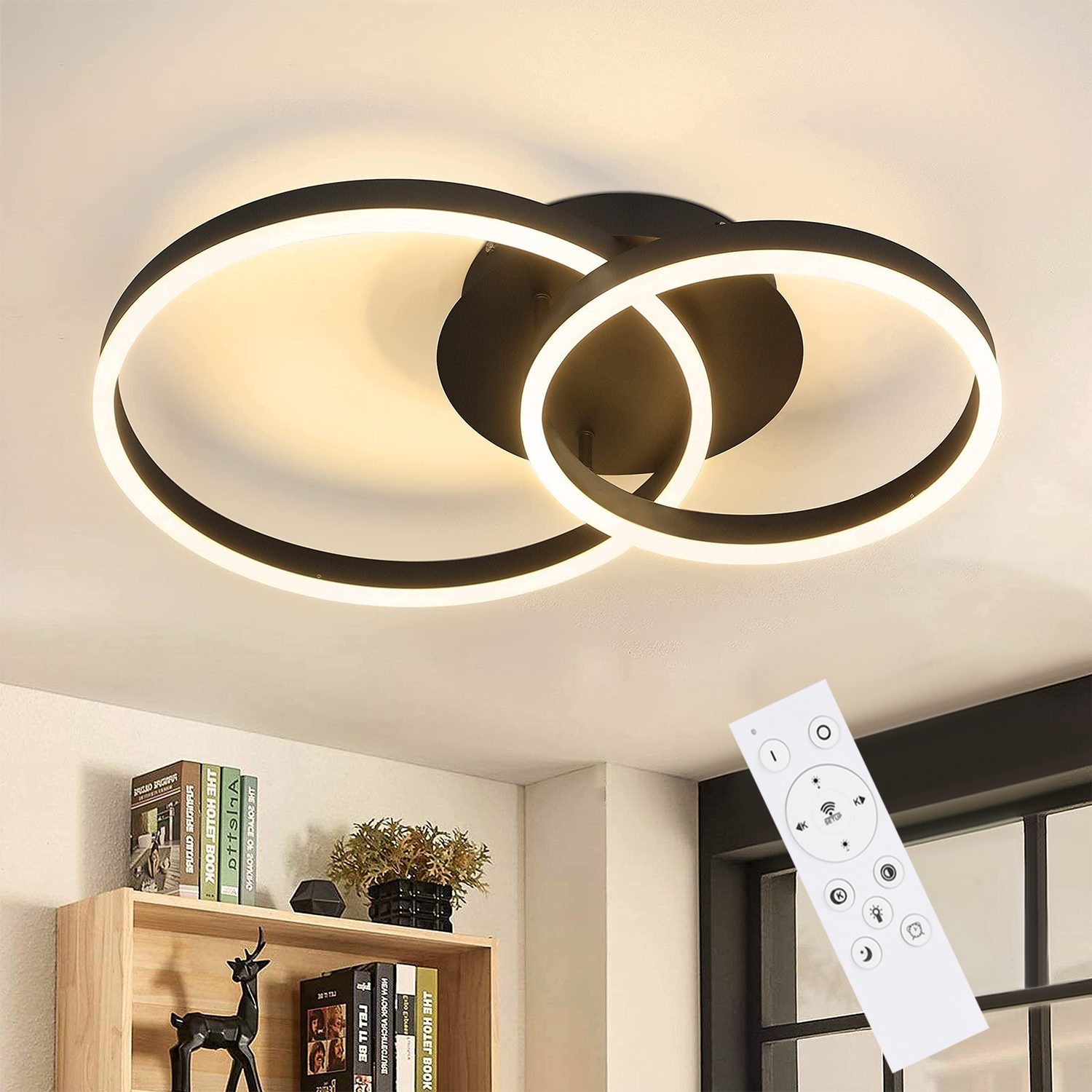 ZMH LED Deckenleuchte Dimmbar Ringe Modern Schwarz 61W mit Fernbedienung, LED fest integriert, 2-Ringe | Deckenlampen
