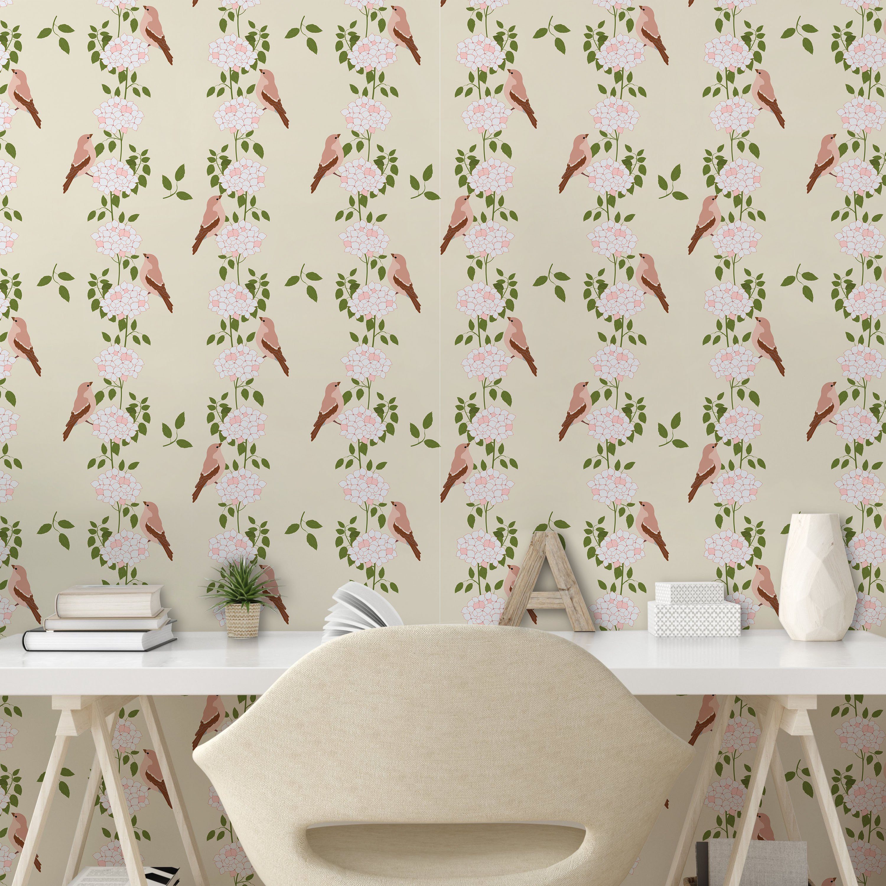 Abakuhaus Vinyltapete selbstklebendes Wohnzimmer Botanisch und Küchenakzent, Hortensia Vogel-Streifen