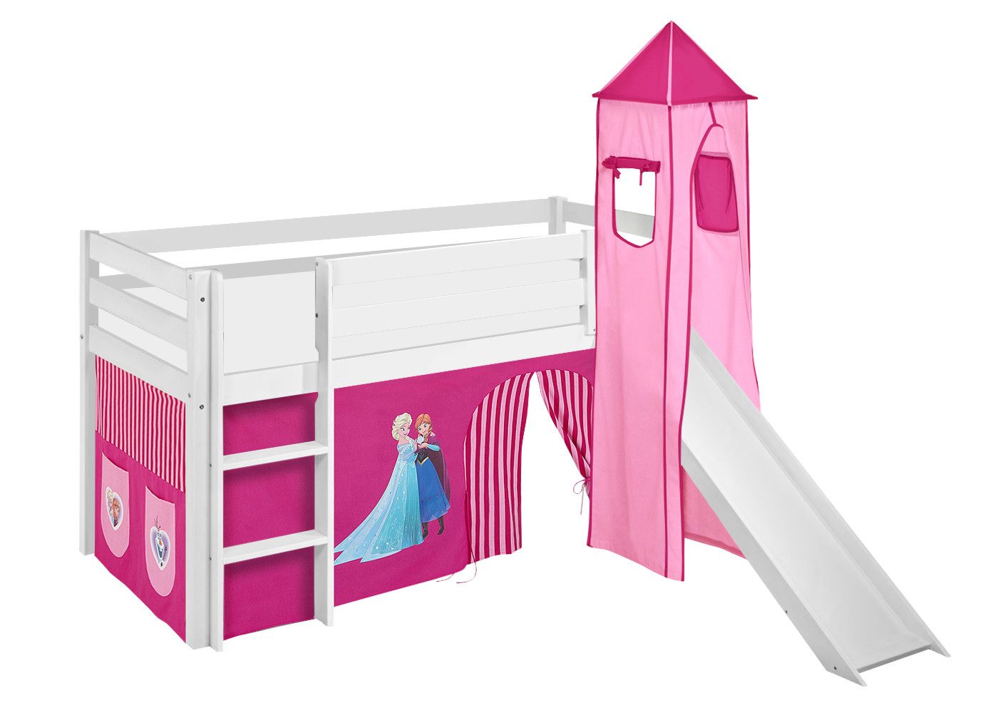 Lilokids Kinderbett Hochbett JELLE mit Vorhang & Turm Frozen Anna & Elsa Eiskönigin