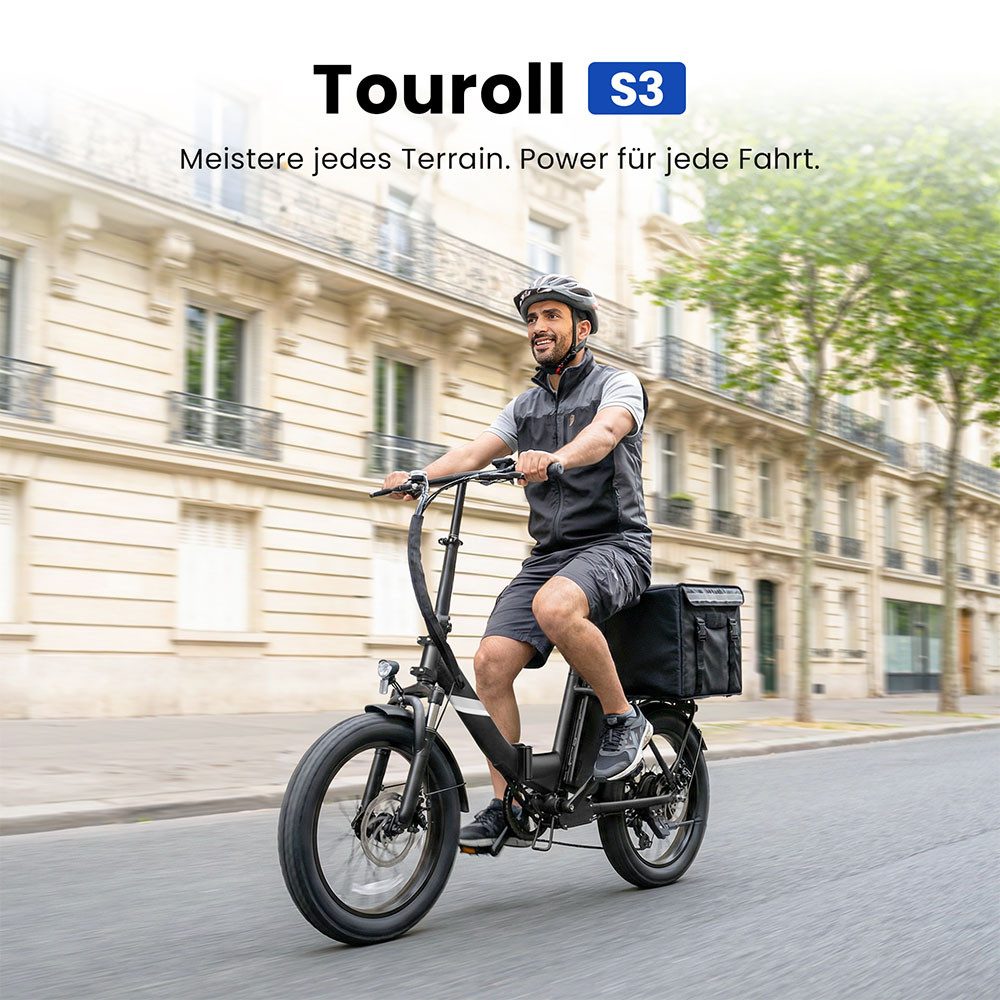 Touroll E-Bike S3 20 Zoll Elektro‑Fat‑Faltfahrrad, 7 Gang Shimano, Heckmotor, 468 Wh, 25 km/h, abnehmbarer Akku, 250 W Nennleistung, 20"×3,0" Fat‑Reifen