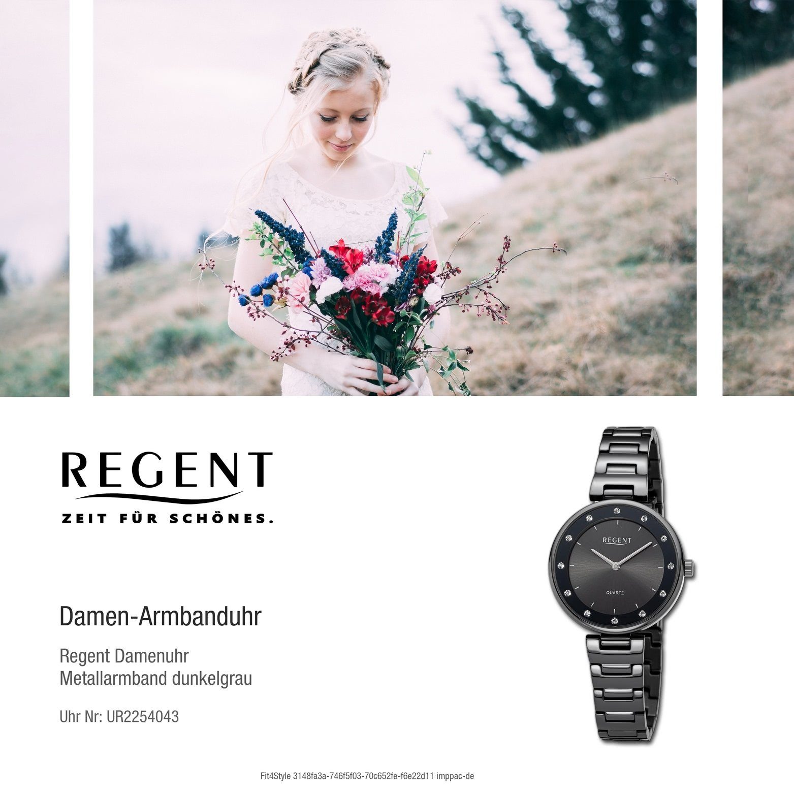 Regent Quarzuhr Regent Damen Armbanduhr rundes dunkelgrau, 34mm) Damenuhr groß Metallarmband (ca. Gehäuse, Analog