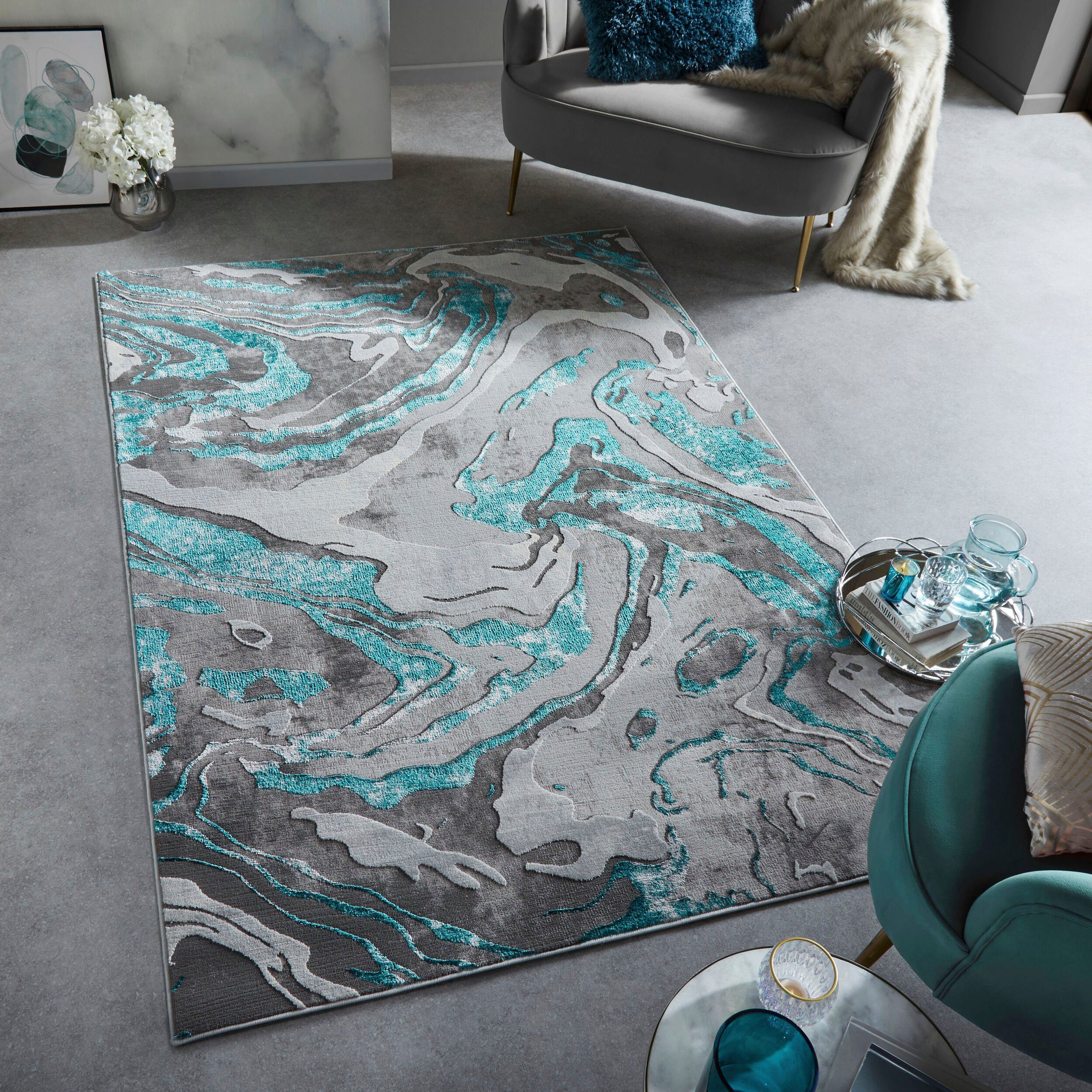 Teppich Marbled, FLAIR RUGS, rechteckig, modernes mehrfarbig, smaragd mm, Marmor-Design Höhe: 12 Glanz, dezenter