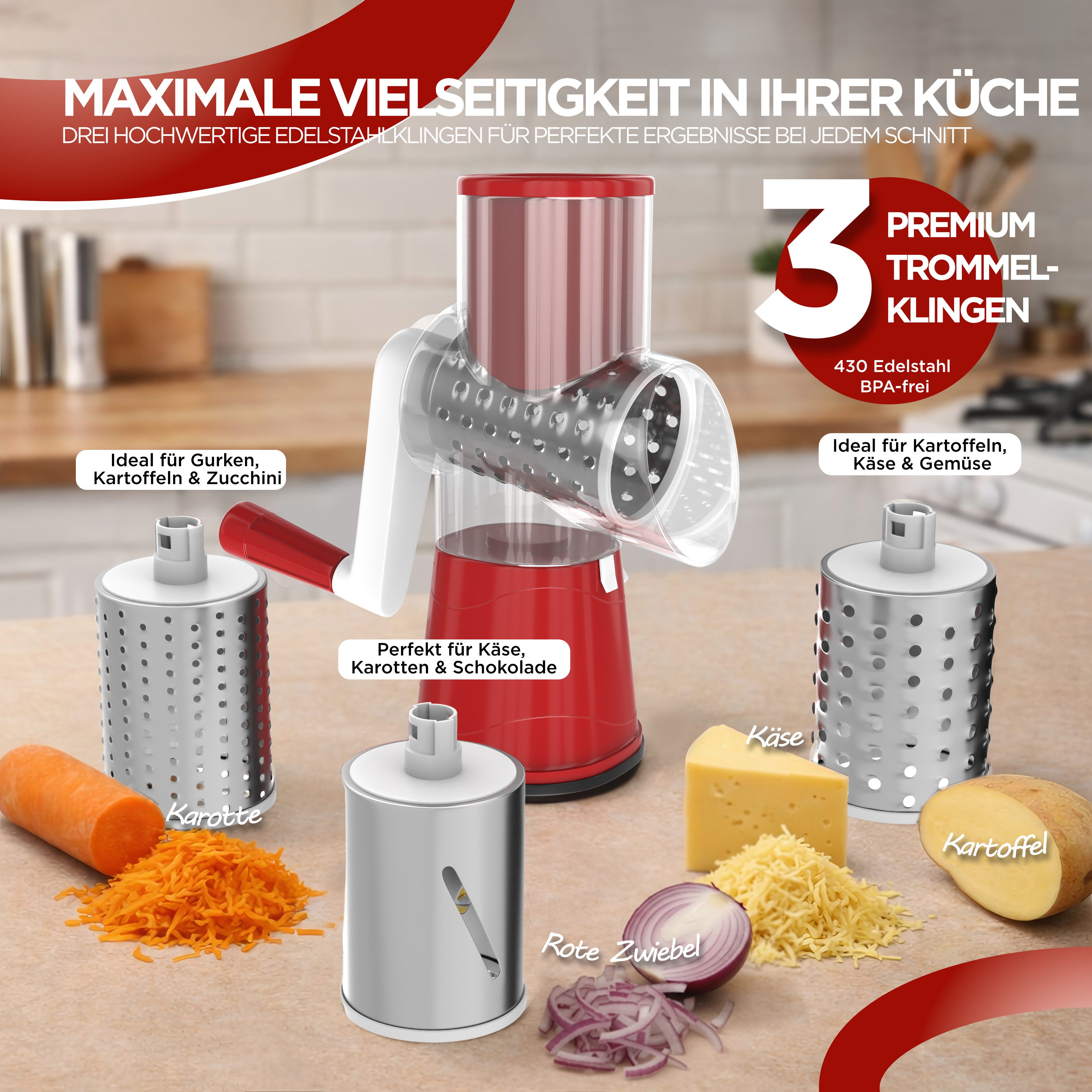 BI International Gemüseschneider Gemüseschneider mit Kurbel, Trommelreibe mit 3 Edelstahl-Klingen