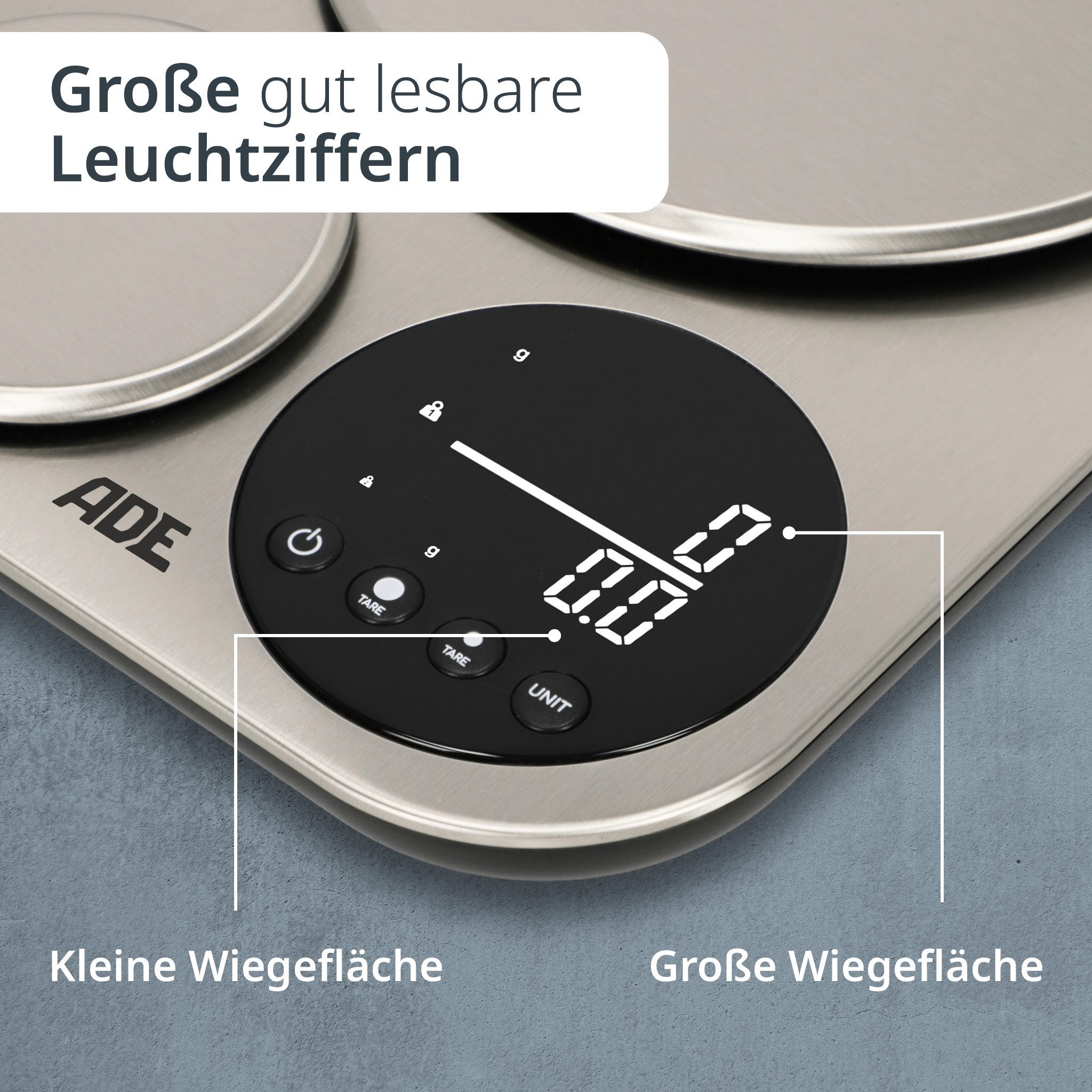 ADE Küchenwaage digital mit 2 Wiegeflächen 5kg/1g & 500g/0,1g, milligrammgenaue Waage für das Backen von Brot, Pizza, AAA Batterien – Bild 4 von 5
