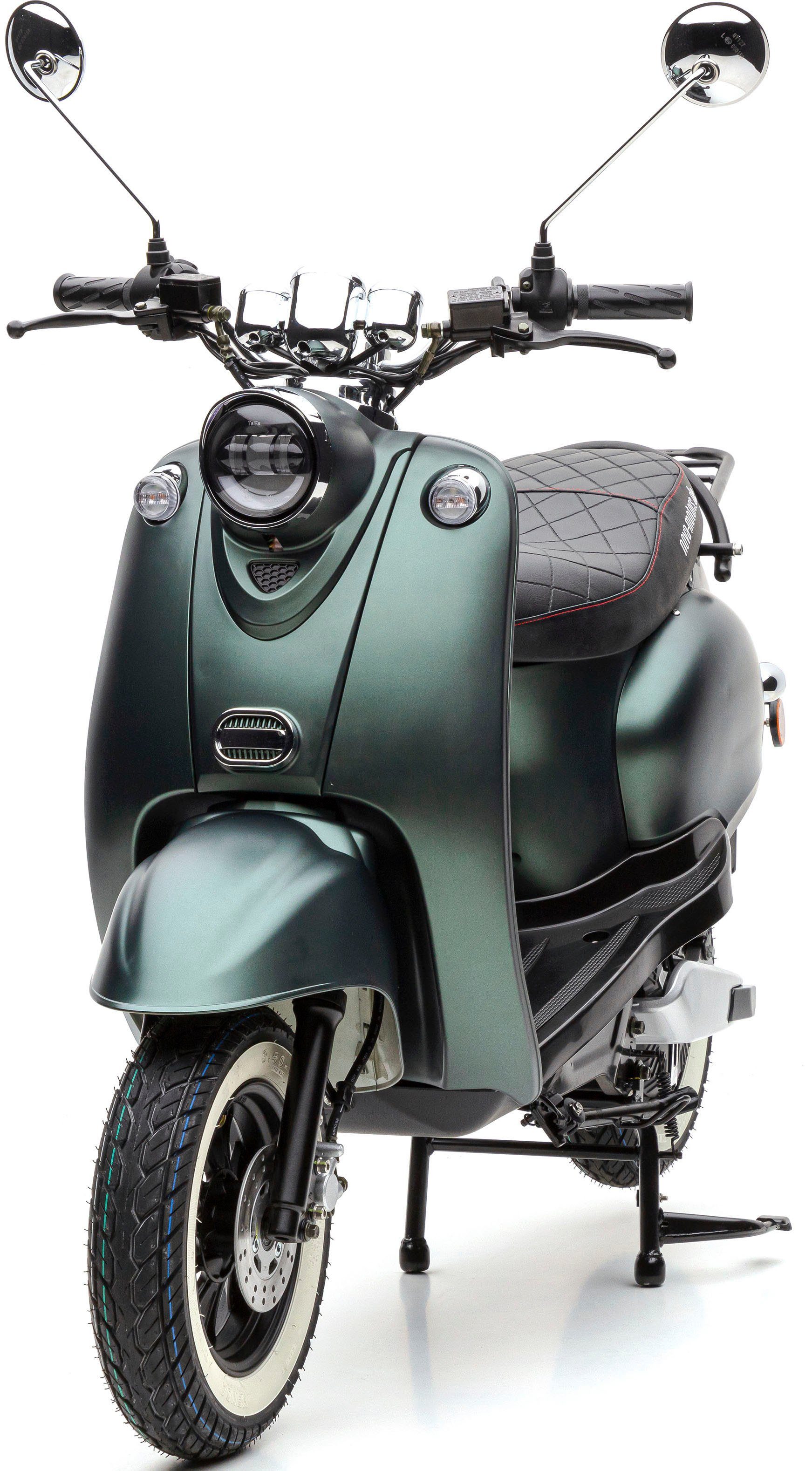 Nova Motors E-Motorroller km/h, Sitzbank Mit Weißwandreifen, grün eRetro 2000 Premium, Tacho digitalem W, gesteppter und Star 45 Li