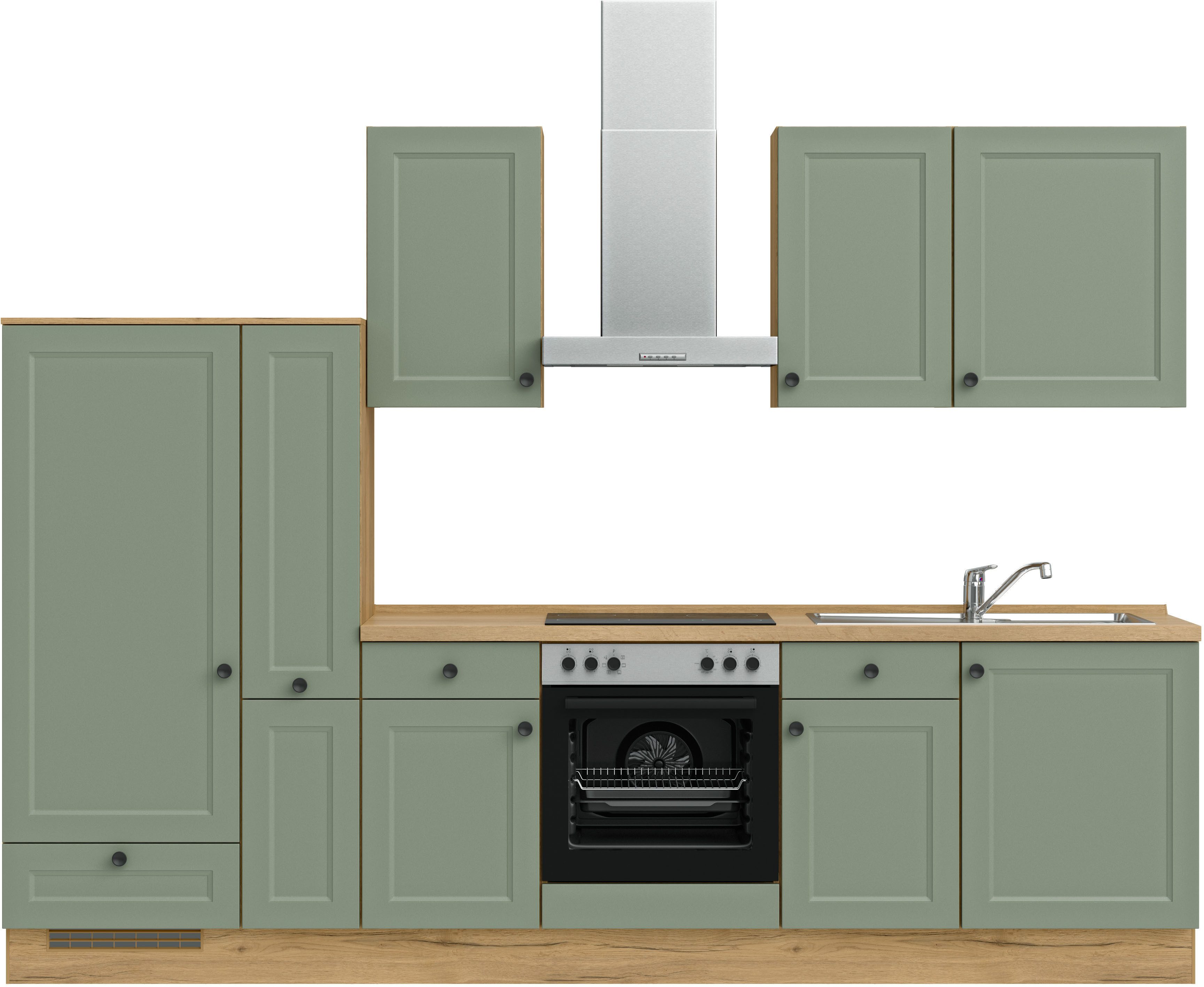 Front: Lacklaminat schilffarben | Korpus: Lacklaminat schilffarben | Arbeitsplatte: Eiche Sierra Nachbildung