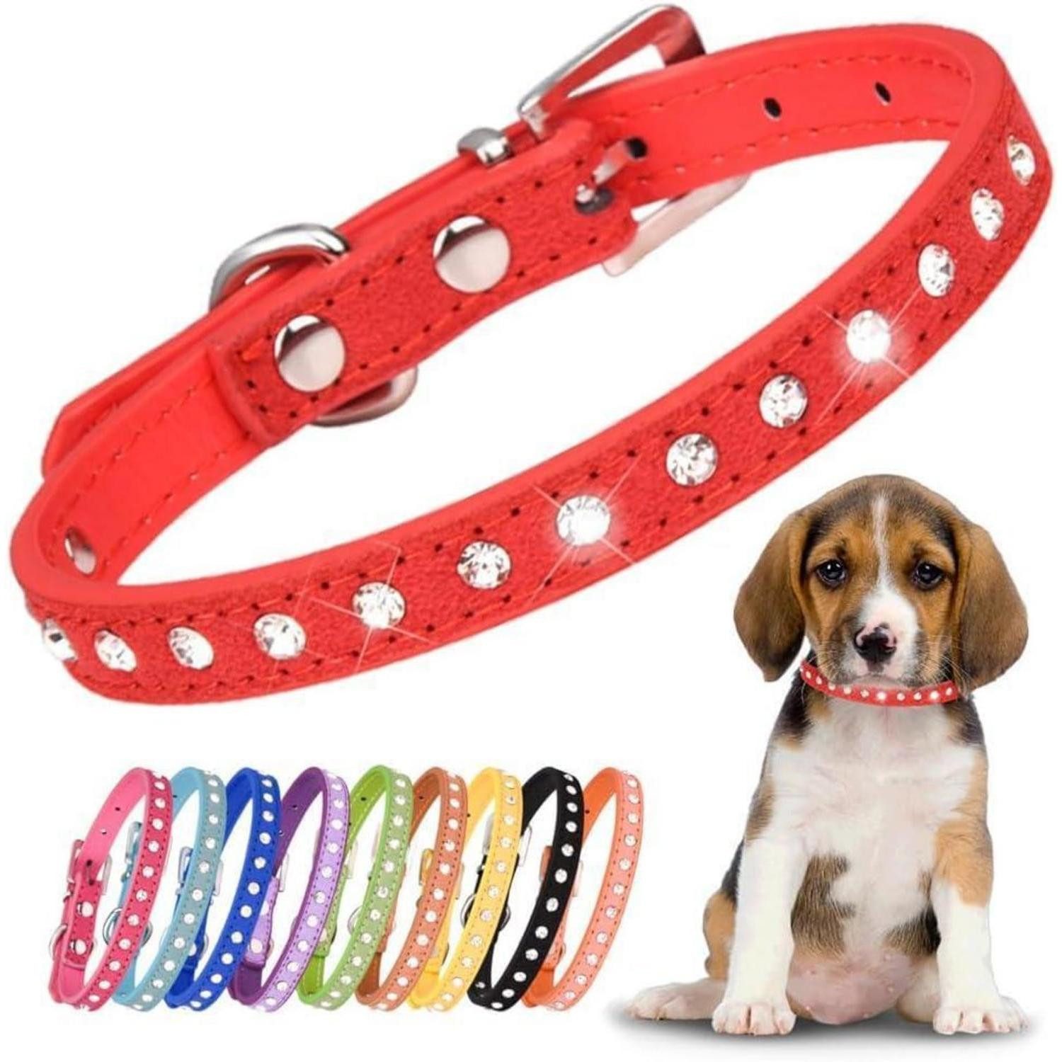 LuxusKollektion Hunde-Halsband Halsband Strass Leder Rot M, Leder