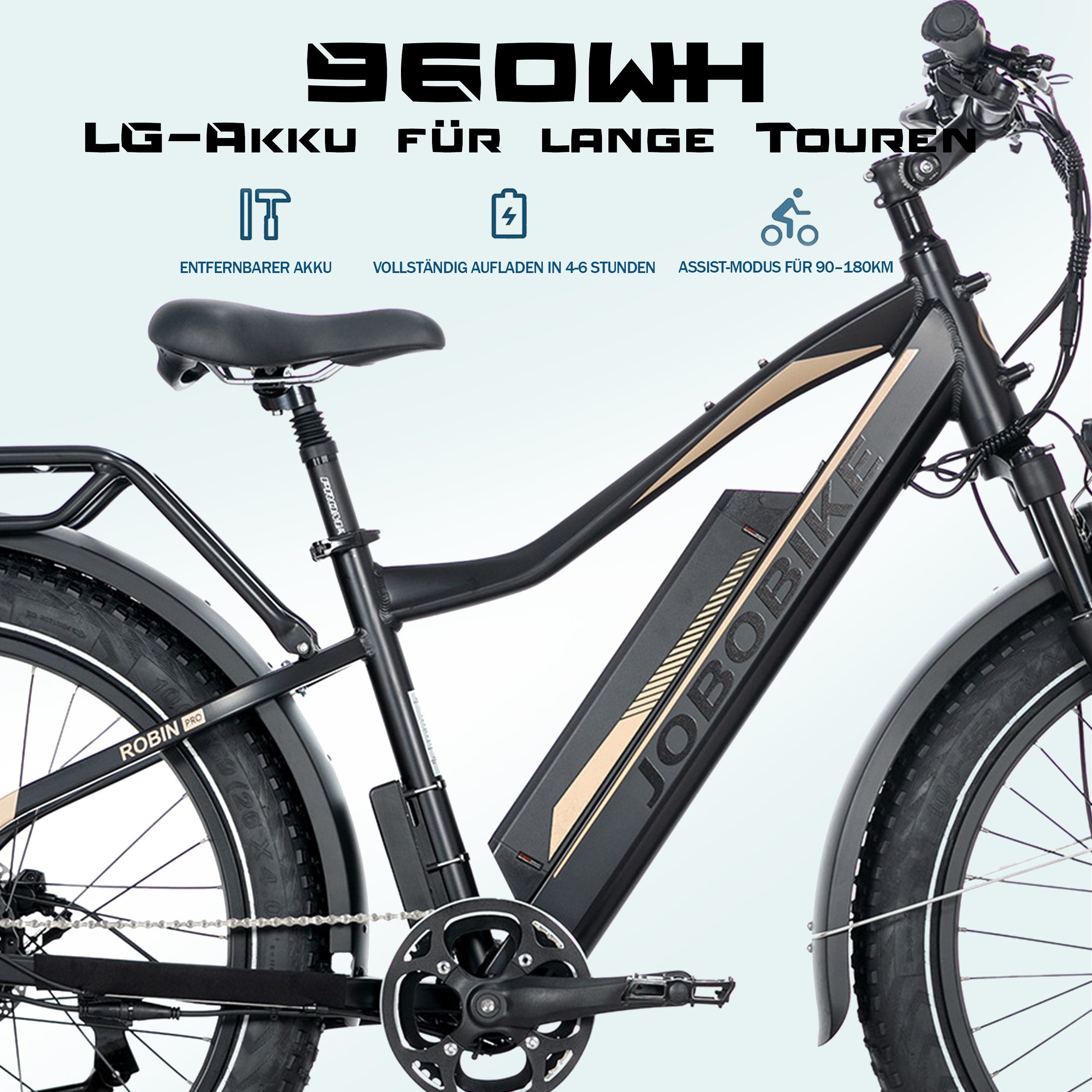 JOBOBIKE E-Bike Mountainbike 26x4,0 Zoll, Elektrofahrrad, 180km, Robin Pro, Gefederte Sattelstütze, 7 Gang Shimano, Kettenschaltung, Heckmotor, 960 Wh, 5 Stufen, Bremslicht und Blinker, Fatbike, MTB, für Damen und Herren