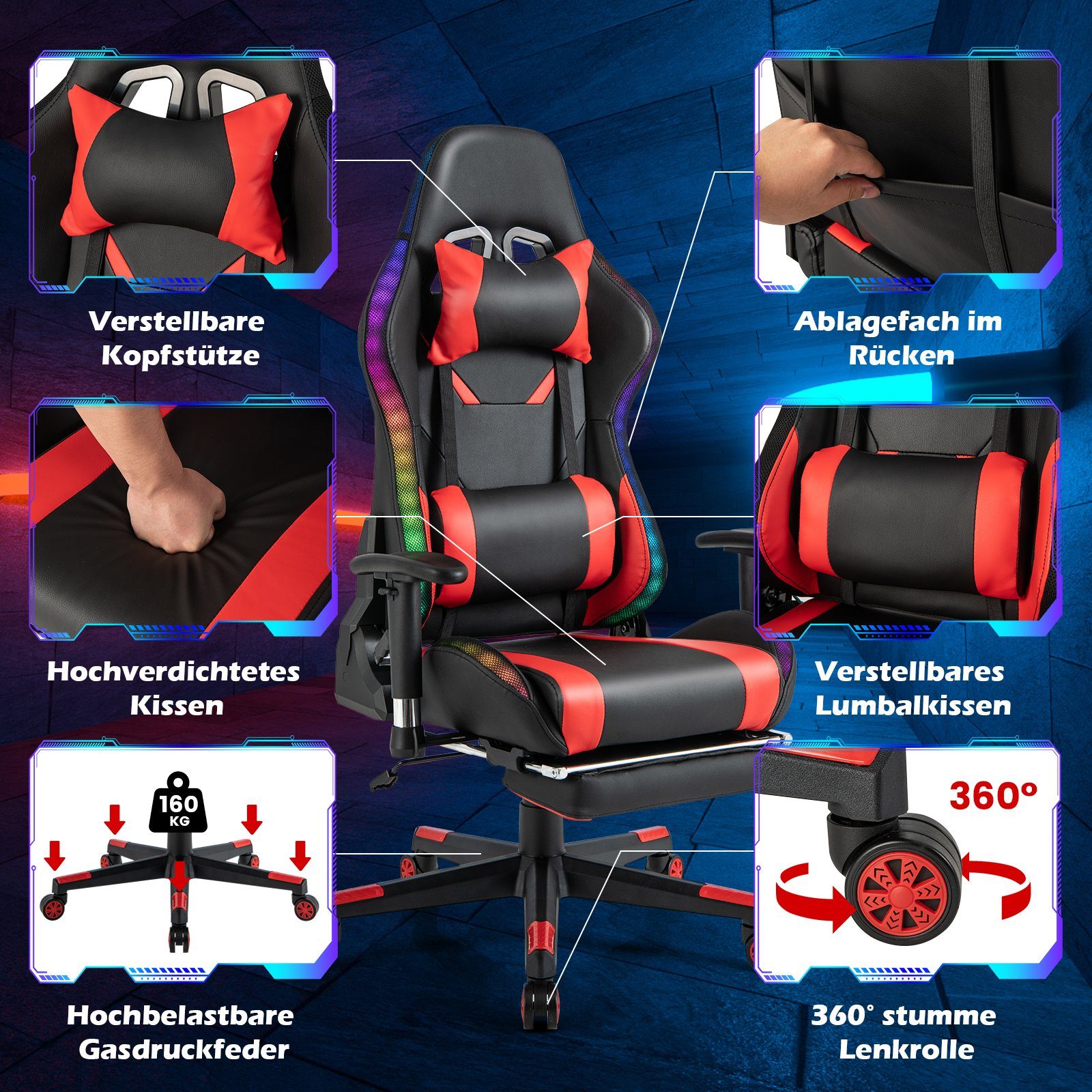 mit rot Gaming-Stuhl, schwarz, RGB-LEDs, COSTWAY einziehbarer bis Fußstütze, 160kg