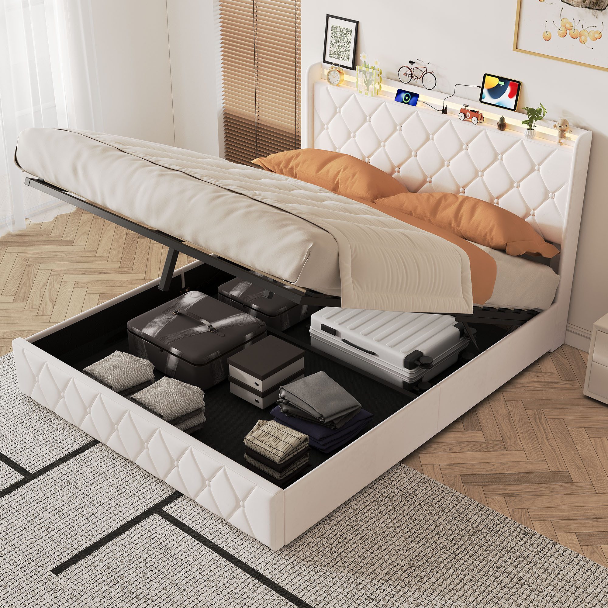 zebery Stauraumbett Polsterbett Doppelbett Mit USB+Typ C und LED-Leuchten (Packung, 1-tlg., Jugendbett), 140x200 cm,Mit Bettkasten,Kopfteil und Bettgestell,Samtstoff - Beige