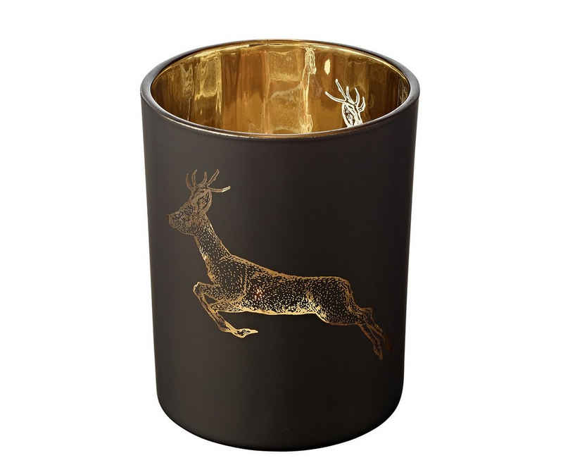 EDZARD Windlicht Sammy, Kerzenglas-Set für Teelichter mit Hirsch-Motiv in Gold-Optik, Kerzenhalter für Teelicht und Maxi-Teelicht, Höhe 13 cm, Ø 10 cm